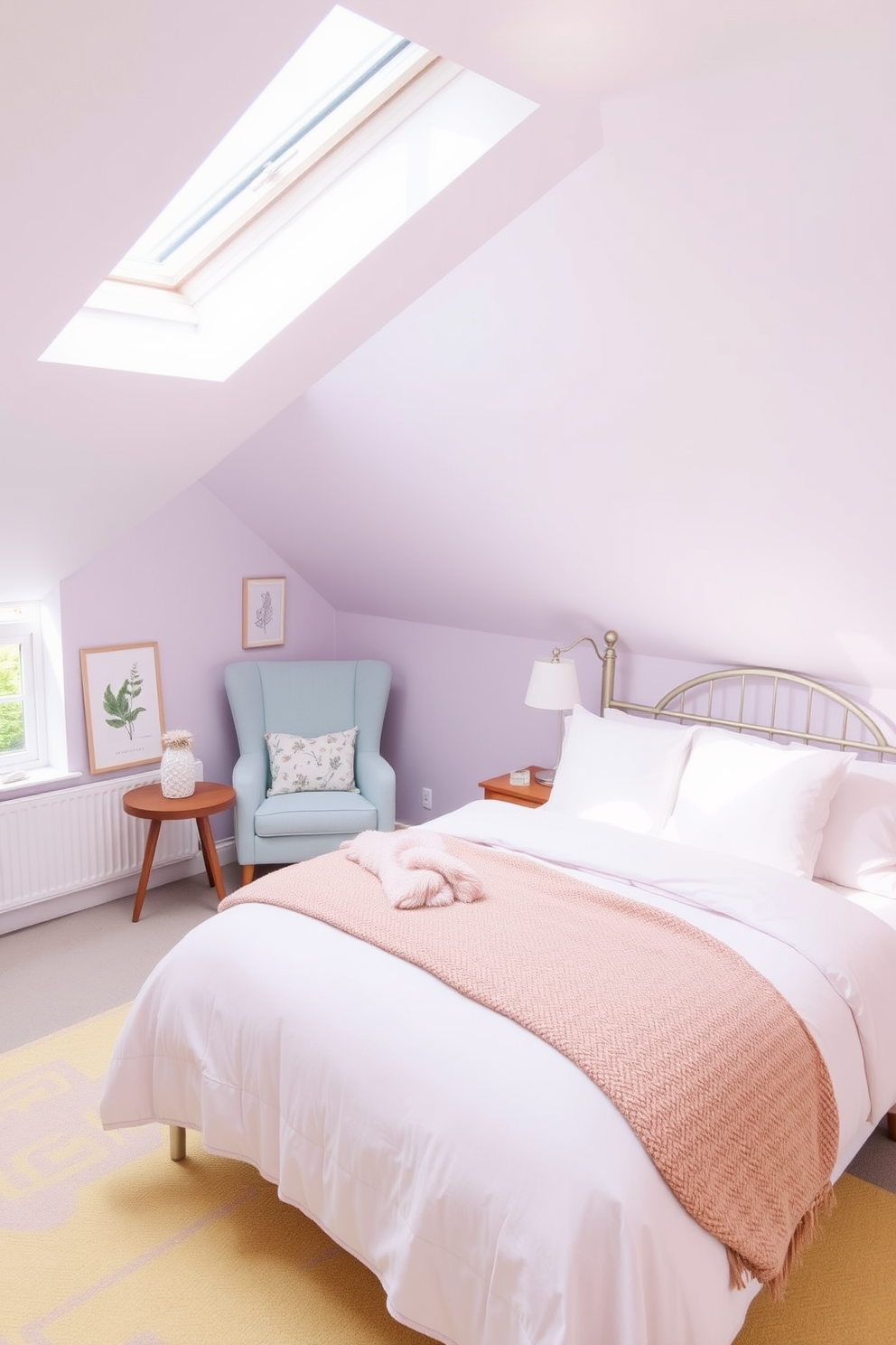 A serene attic bedroom design featuring soft pastel colors to create a calming atmosphere. The space includes a cozy bed with a light pink duvet and fluffy white pillows, complemented by a small reading nook with a pastel blue armchair and a wooden side table. Natural light floods in through a skylight, illuminating the room's gentle hues. The walls are painted in a soft lavender shade, and decorative elements include a pastel yellow rug and framed botanical prints.