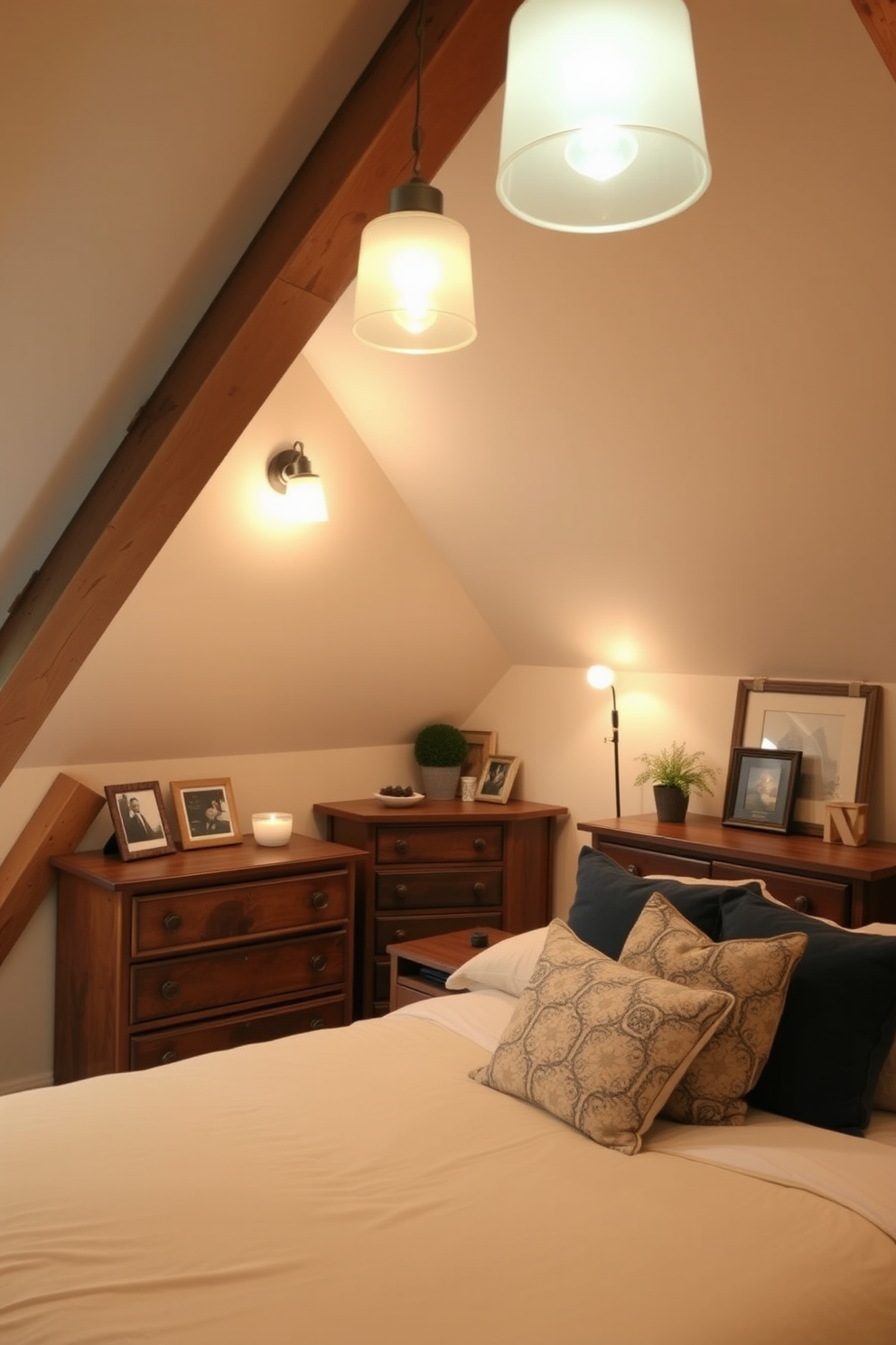 A cozy attic bedroom filled with warm lighting creates an inviting atmosphere. The space features a plush bed with soft linens and a variety of decorative pillows, positioned under a sloped ceiling. A vintage wooden dresser sits against one wall, adorned with framed photos and a small potted plant. Soft, ambient light fixtures are strategically placed to enhance the warmth of the wooden beams and create a relaxing retreat.