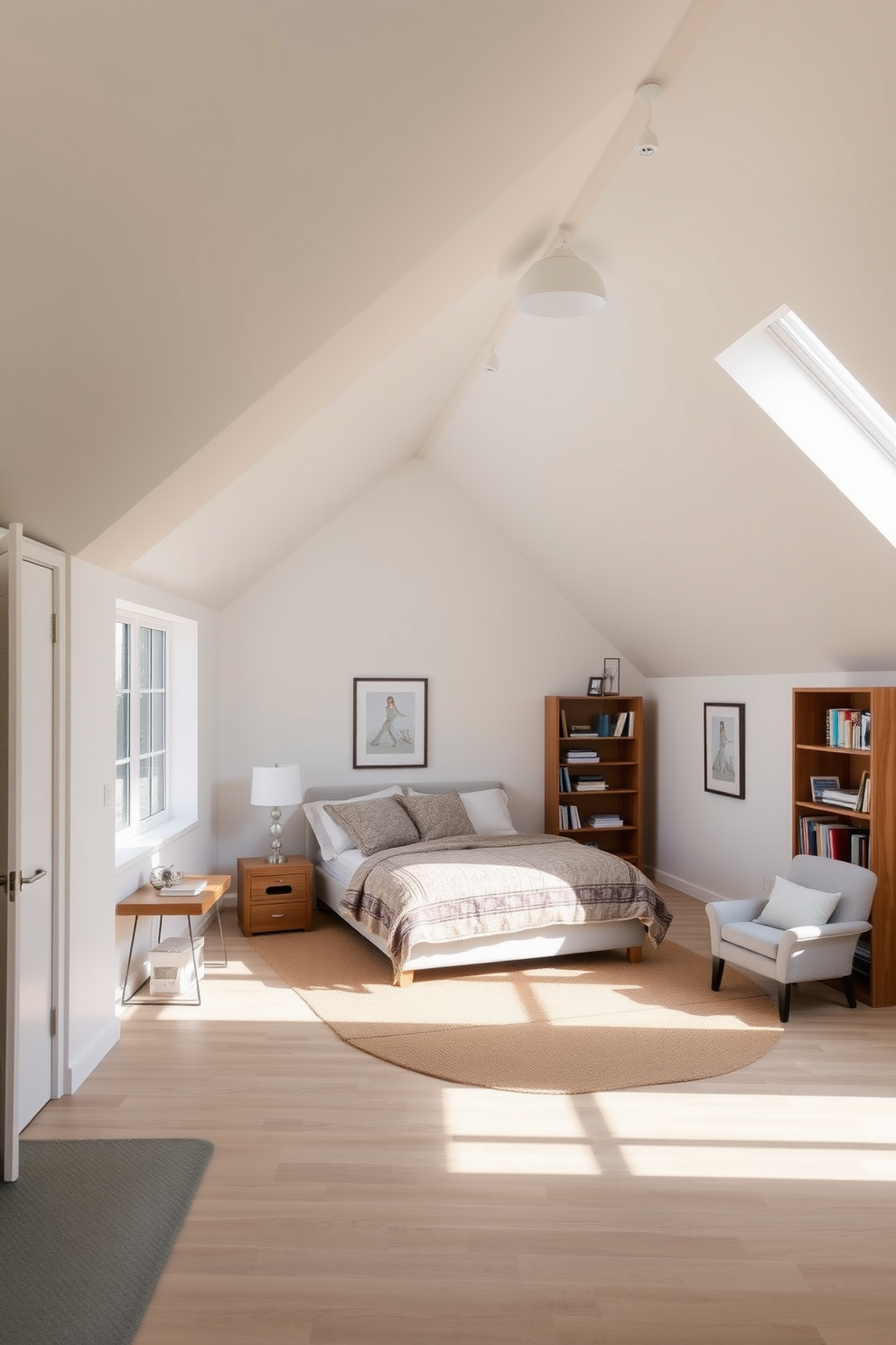 Open layout with defined zones featuring a cozy attic bedroom. The space is designed with a sloped ceiling that adds character, and a large window allows natural light to flood in, highlighting the soft neutral color palette. A plush bed with layered bedding is positioned against the wall, creating a focal point in the room. To the side, a small reading nook with a comfortable chair and a bookshelf offers a perfect retreat for relaxation.