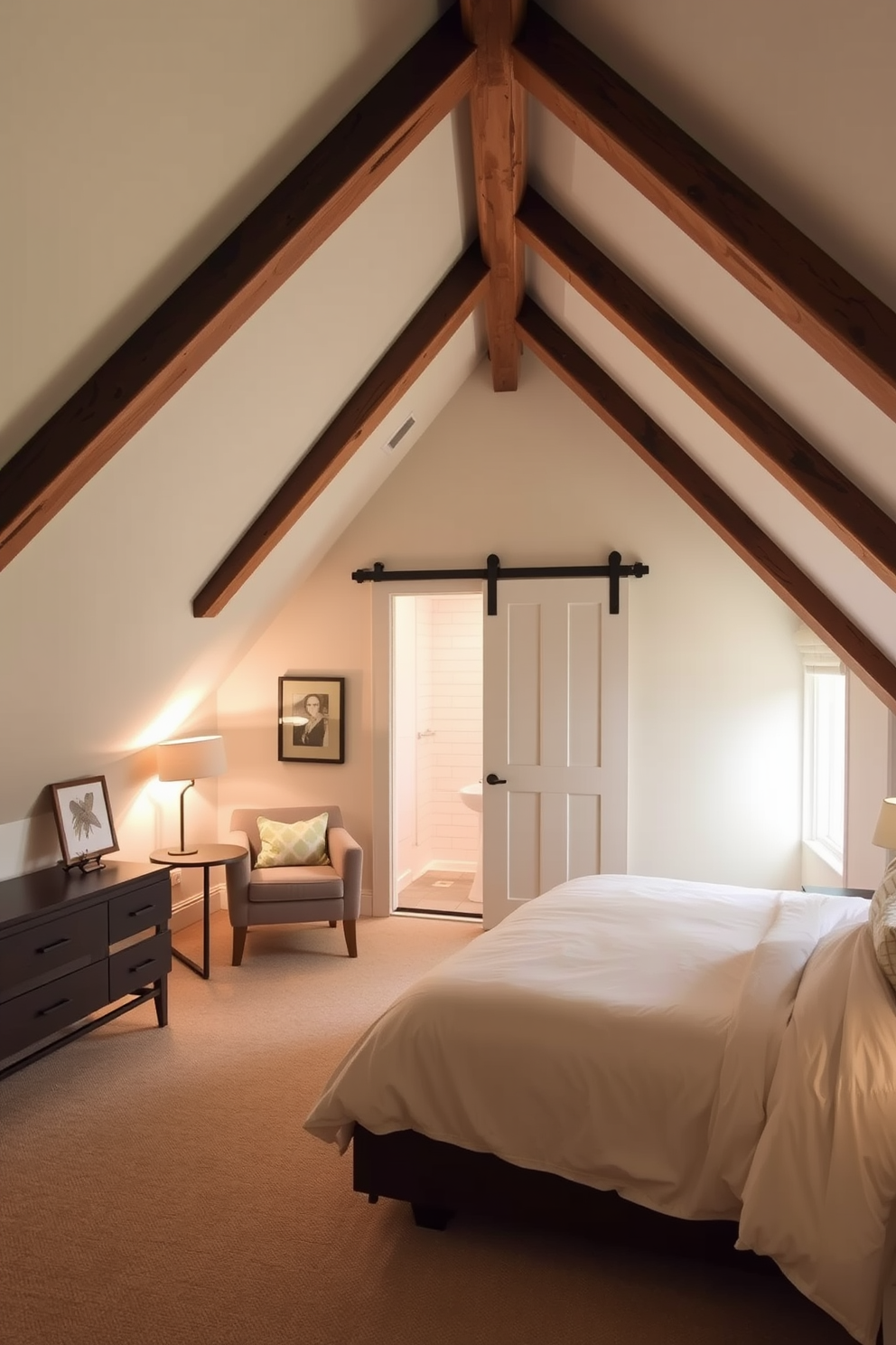 A cozy attic bedroom design featuring sloped ceilings and exposed wooden beams. The room is adorned with a plush king-sized bed dressed in soft linens, with a small reading nook by the window that includes a comfortable armchair and a side table. Incorporating a small ensuite bathroom within the attic space, the bathroom showcases a compact layout with a corner shower and a modern pedestal sink. Soft ambient lighting illuminates the space, while a sliding barn door provides privacy without sacrificing style.