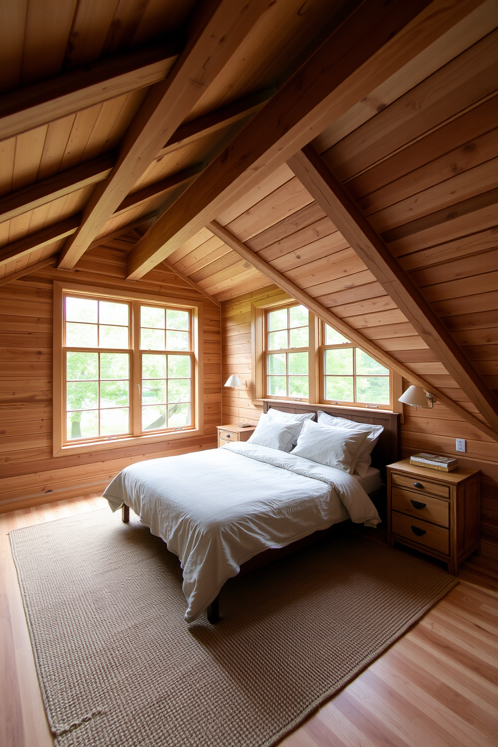 A cozy attic bedroom featuring exposed wooden beams and a sloped ceiling. The walls are adorned with natural wood paneling, and the floor is covered with a soft jute rug. A queen-sized bed with a linen duvet is positioned against the wall, complemented by a pair of rustic bedside tables. Large windows allow natural light to flood the space, showcasing the greenery outside.