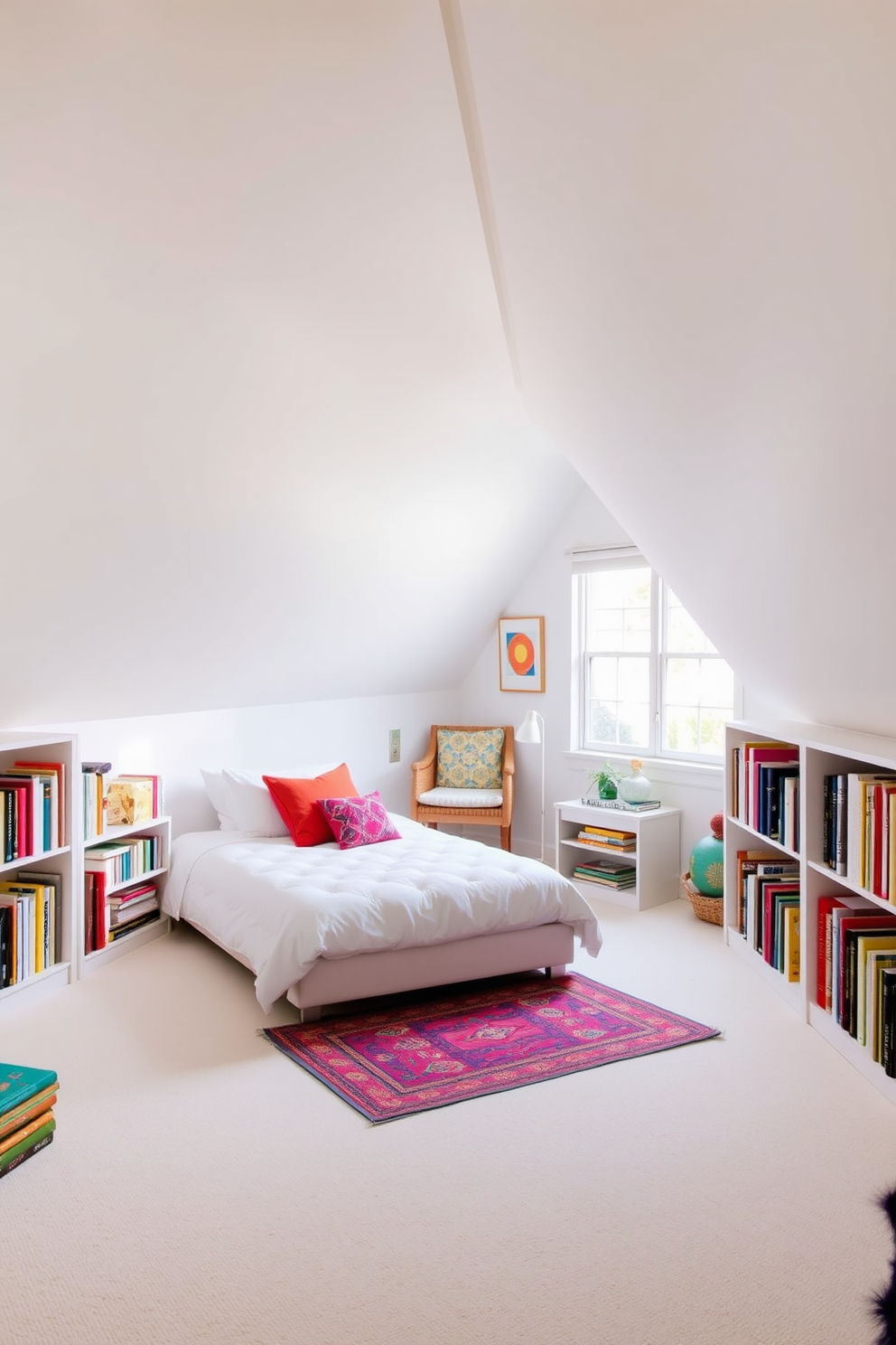 A cozy attic bedroom featuring bright white walls adorned with colorful accents. A plush bed is centered under a sloped ceiling, surrounded by vibrant throw pillows and artwork that adds personality to the space. Natural light floods in through a large window, highlighting a small reading nook with a comfy chair and a colorful rug. Bookshelves line the walls, filled with an eclectic mix of books and decorative items, creating a warm and inviting atmosphere.