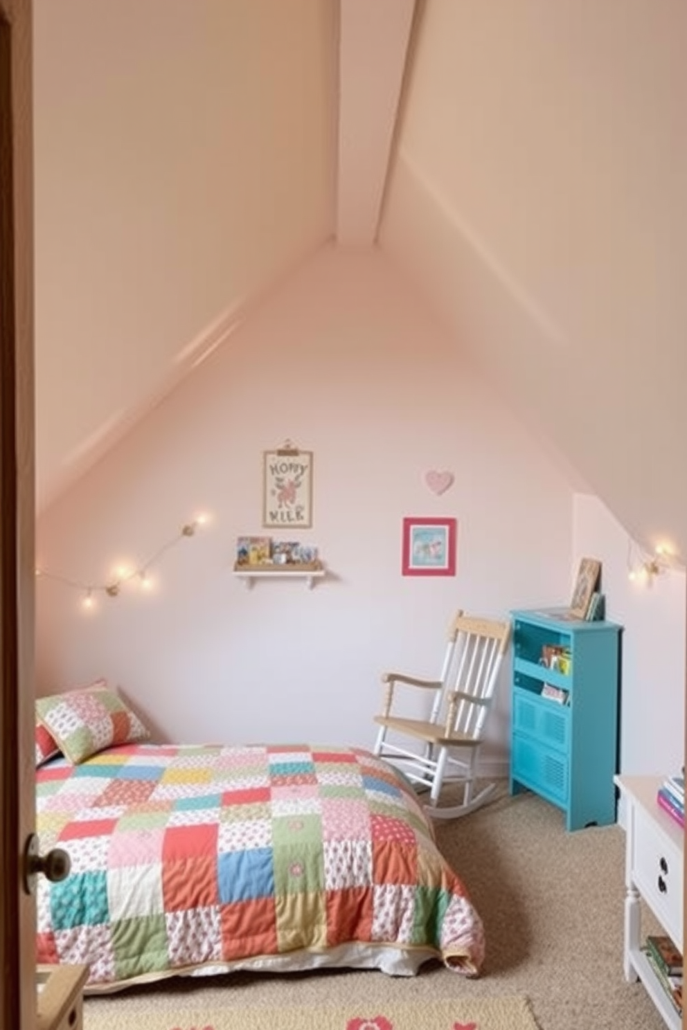 A cozy attic bedroom filled with natural light. Textured curtains in soft beige drape elegantly over the windows, providing privacy while allowing gentle sunlight to filter through. The room features a sloped ceiling with exposed wooden beams, creating a rustic charm. A plush bed with layered bedding sits against the wall, complemented by a small reading nook with a comfortable chair and a side table.