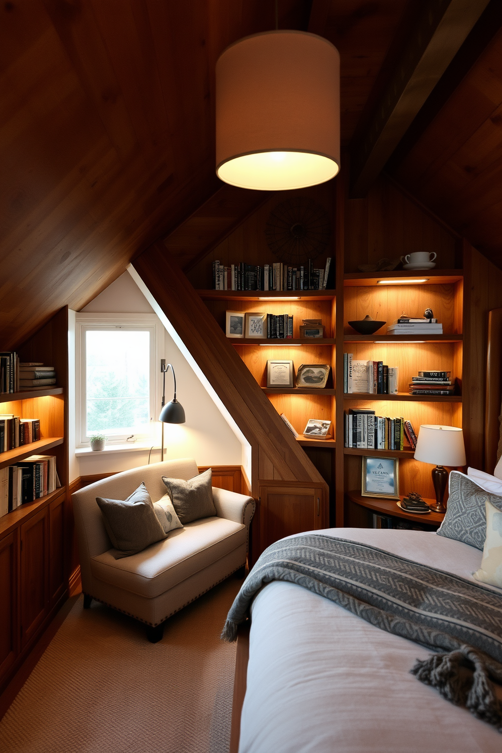 A cozy attic bedroom featuring built-in shelves filled with books and decorative items. The shelves are crafted from reclaimed wood and are illuminated by soft, warm lighting that creates an inviting atmosphere. The bed is positioned under a sloped ceiling, adorned with plush bedding in neutral tones. A comfortable reading nook with a small armchair and a side table is nestled next to the shelves, perfect for quiet evenings.