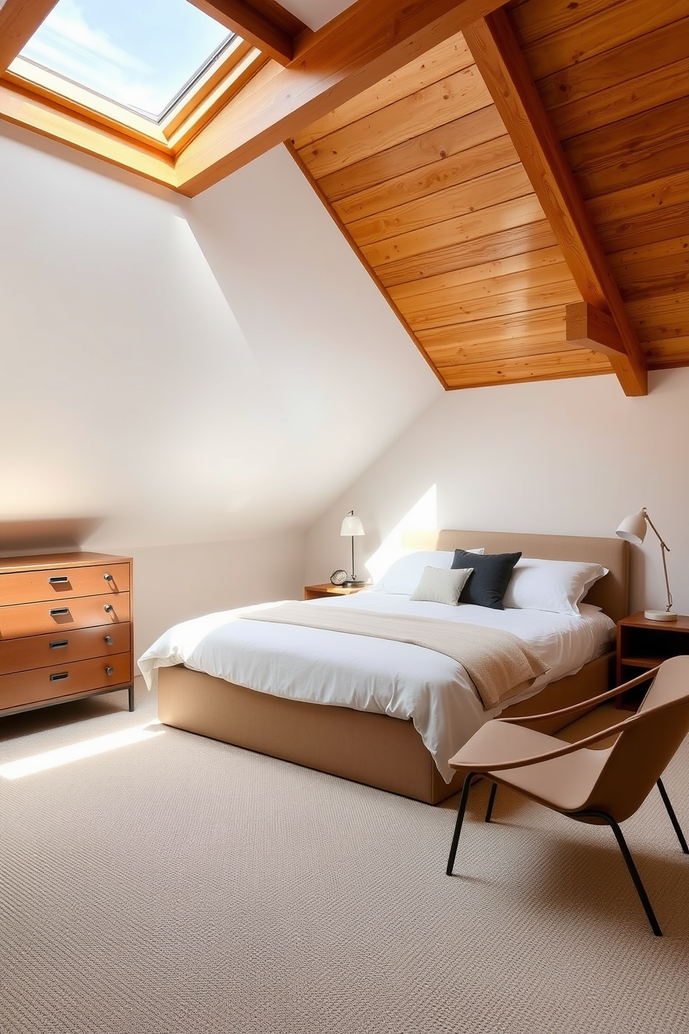 A cozy attic bedroom featuring low-profile furniture to enhance the spacious feel. The bed is positioned against a sloped wall, adorned with soft linens and minimalistic pillows, creating an inviting atmosphere. A sleek dresser with clean lines complements the room, while a small seating area with a low-profile chair invites relaxation. Natural light floods in through a skylight, illuminating the warm wooden beams and enhancing the airy ambiance.