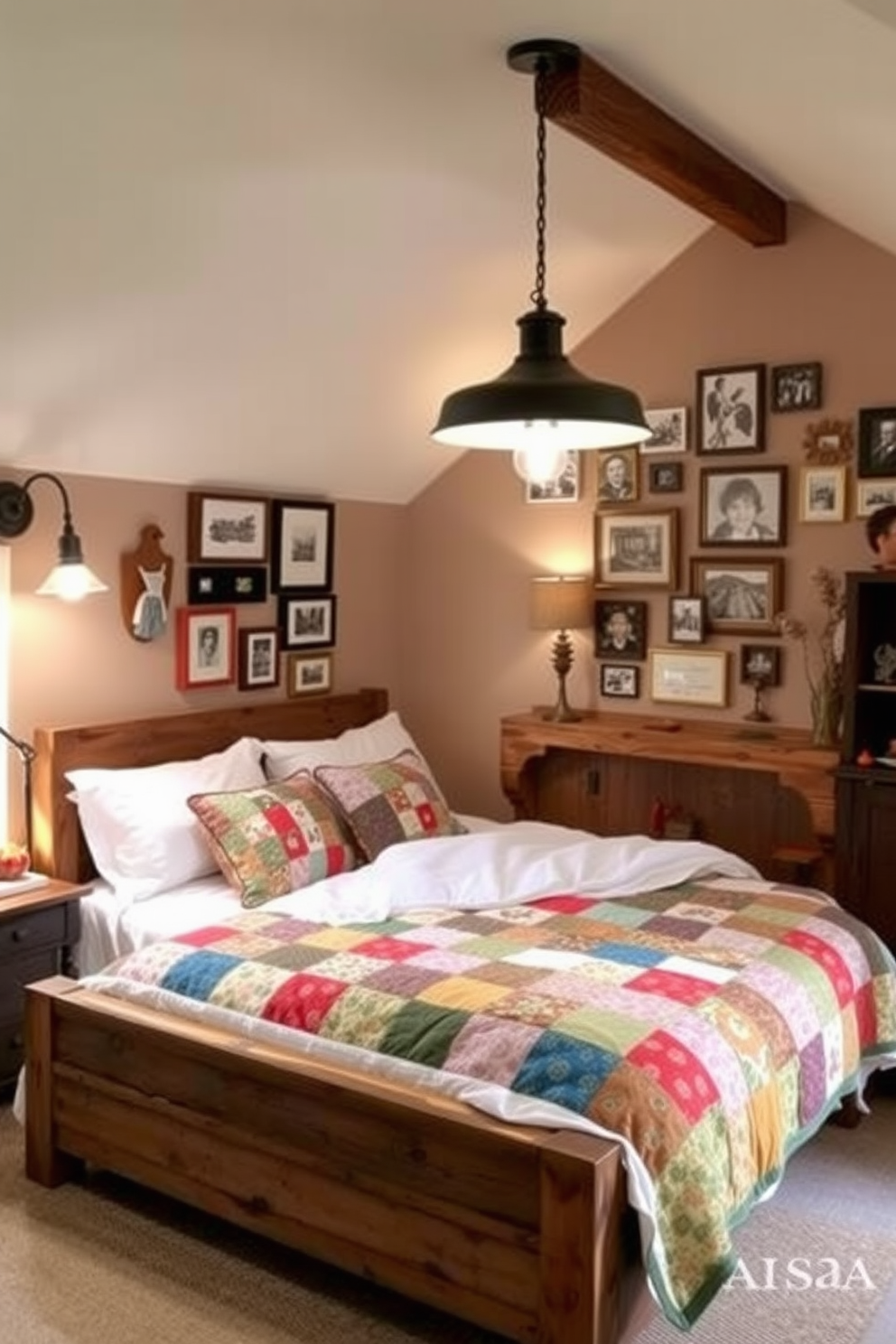 A cozy attic bedroom featuring vintage decor blended with modern touches. The room includes a reclaimed wood bed frame adorned with crisp white linens and a colorful patchwork quilt. Soft ambient lighting is provided by a mix of vintage pendant lights and modern sconces. The walls are painted in a warm neutral tone, complemented by an eclectic gallery wall of framed art and photographs.