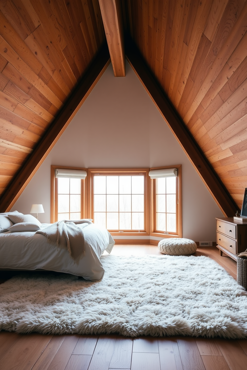 A cozy attic bedroom filled with vintage decor. The space features a sloped ceiling with exposed wooden beams and soft, warm lighting that enhances the charming atmosphere. A large, ornate wooden bed is dressed in a patchwork quilt, surrounded by mismatched nightstands. Antique lamps and framed photographs adorn the walls, adding character to the inviting space.