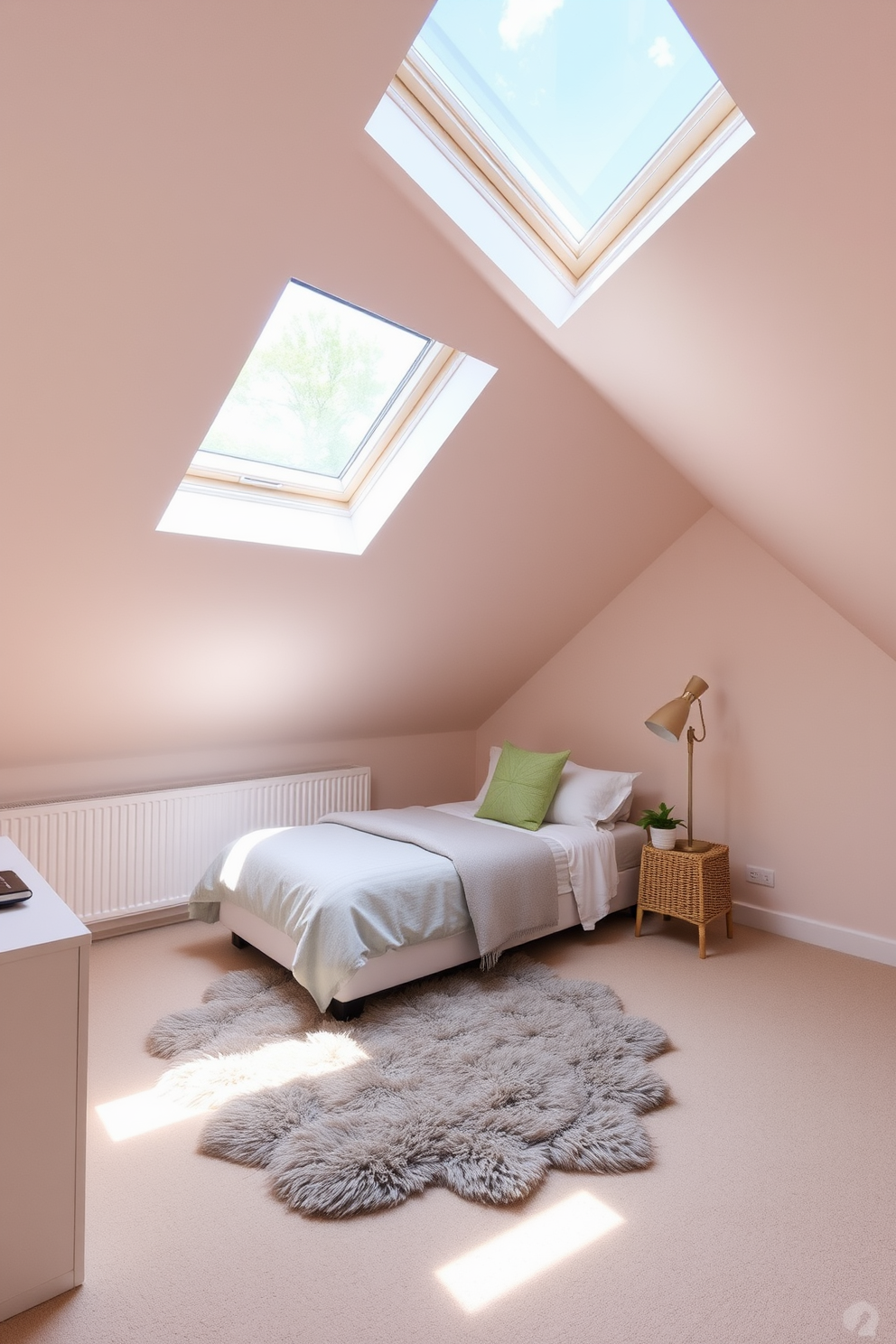 A cozy attic bedroom with a sloped ceiling featuring unique skylights that allow natural light to flood the space. The walls are painted in a soft pastel hue, and the floor is adorned with a plush area rug that adds warmth and texture.