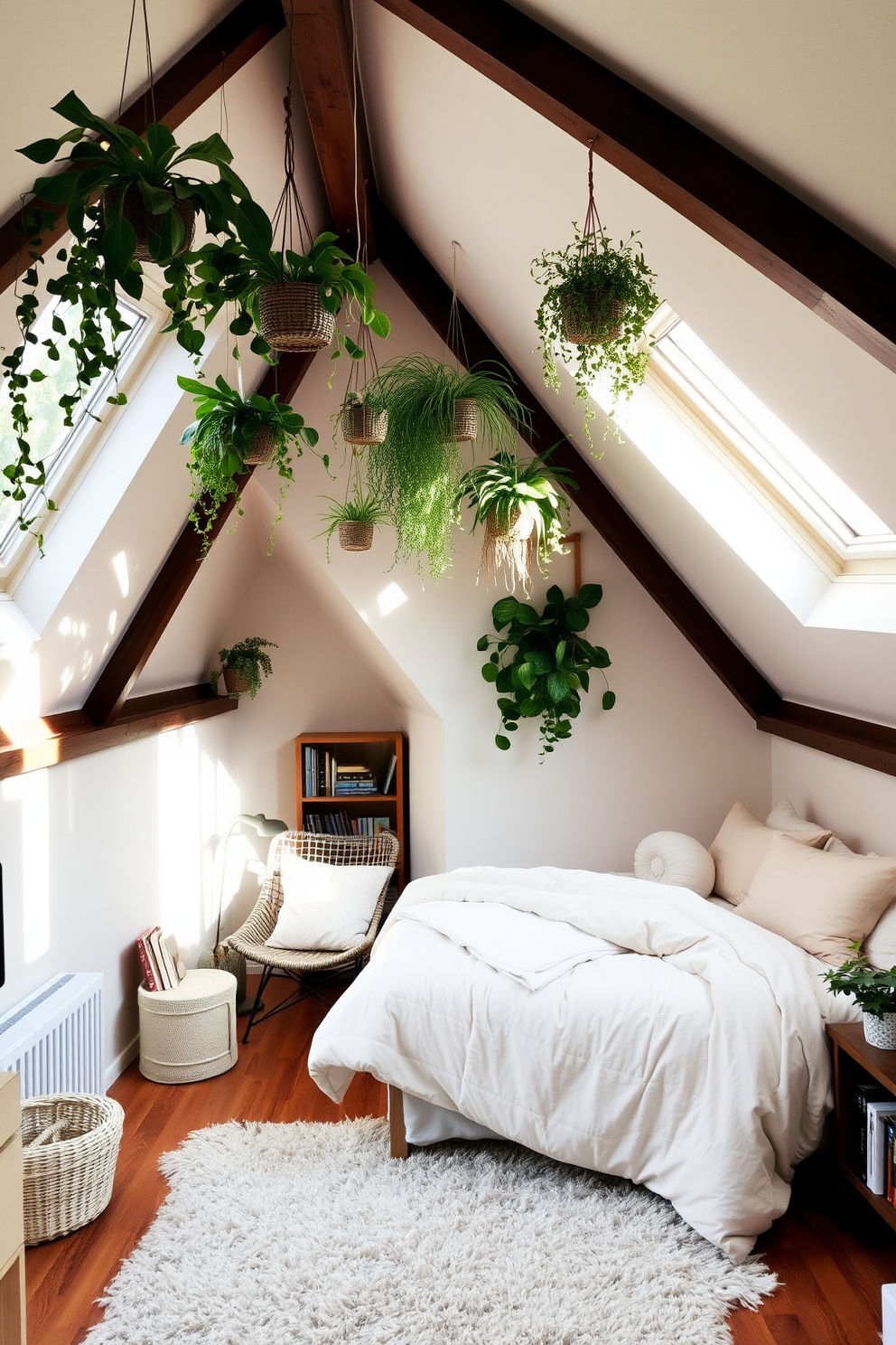 A cozy attic bedroom filled with natural light. The room features sloped ceilings adorned with hanging plants that create a fresh and vibrant atmosphere. A plush bed is positioned against the wall, surrounded by soft, pastel-colored bedding. A small reading nook with a comfortable chair and a bookshelf is nestled in one corner, enhancing the inviting feel of the space.