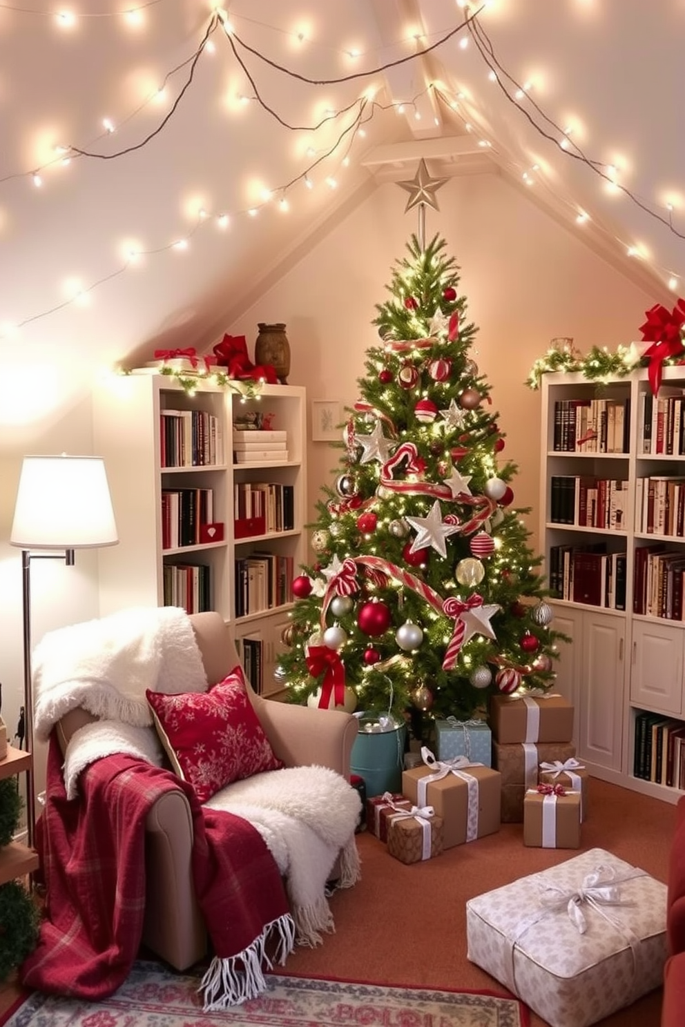 Cozy reading nook with holiday pillows. A plush armchair is nestled in the corner, draped with soft blankets and surrounded by a small bookshelf filled with festive holiday-themed books. Attic Christmas decorating ideas. The space is adorned with twinkling fairy lights and a beautifully decorated Christmas tree, complemented by rustic wooden beams and cozy throw rugs.