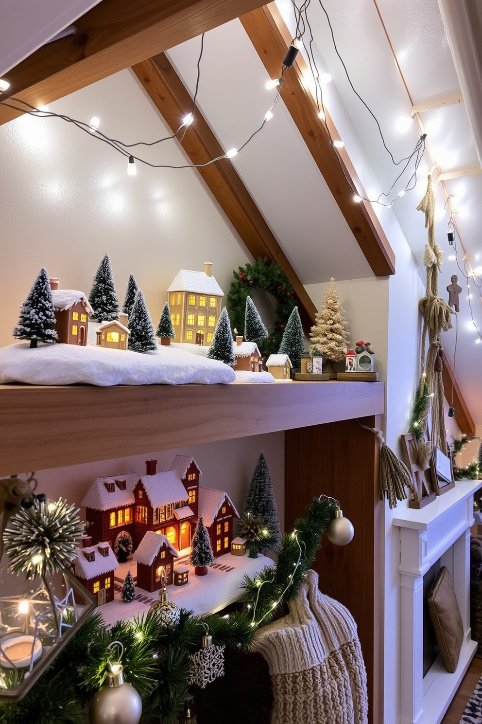 A charming snowy village display on a wooden shelf. The scene features miniature houses with twinkling lights and snow-covered rooftops, surrounded by small evergreen trees and sparkling ornaments. Cozy attic Christmas decorating ideas that evoke warmth and nostalgia. Twinkling fairy lights drape across the beams, while rustic decorations and handmade ornaments adorn the space, creating a festive atmosphere.