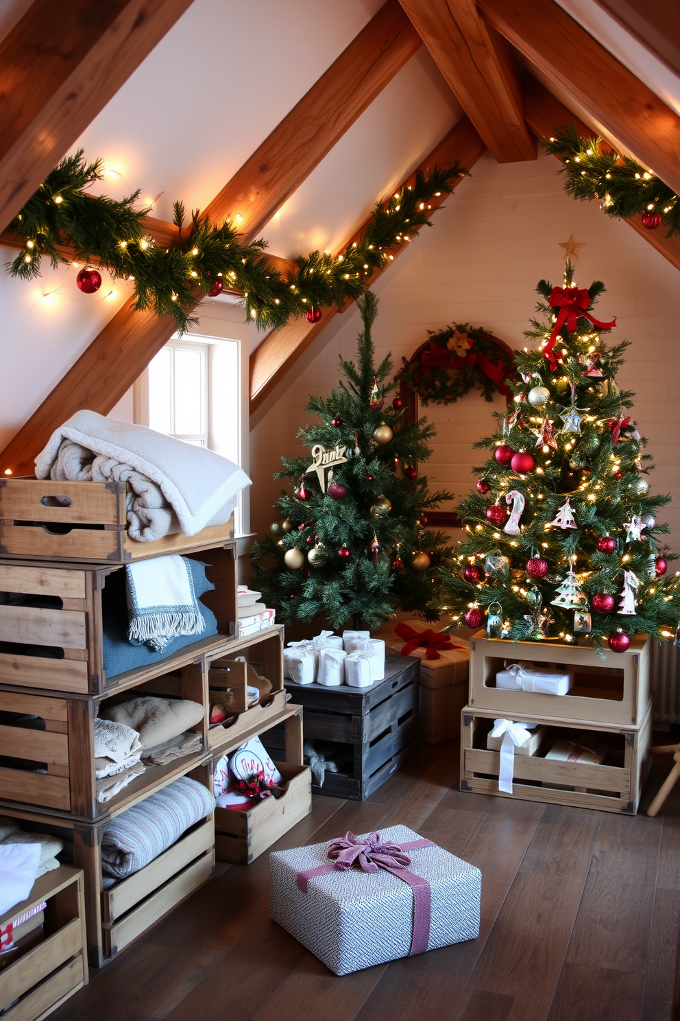 Rustic wooden crates are stacked in a cozy attic space, serving as both storage and decorative elements. The crates are filled with warm blankets and seasonal ornaments, creating a charming and inviting atmosphere. For Christmas decorating ideas, the attic is adorned with twinkling fairy lights and garlands made of pine branches. A beautifully decorated tree stands in one corner, surrounded by wrapped gifts and vintage holiday decorations.