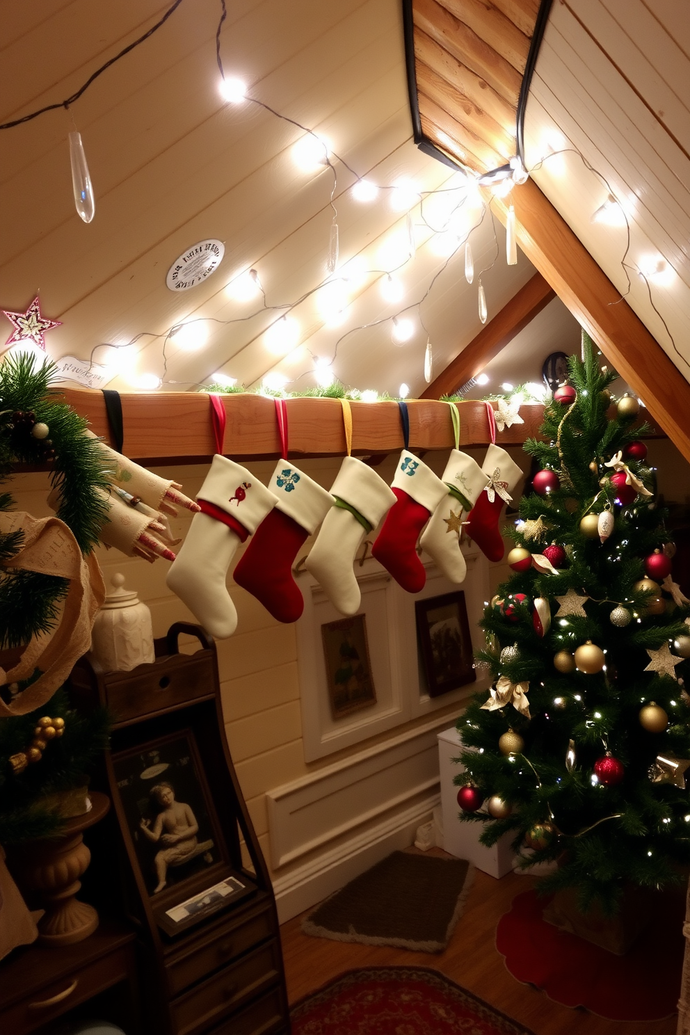 A cozy attic decorated for Christmas features handmade stockings hung with care along a rustic wooden beam. Soft fairy lights twinkle above, illuminating the space filled with vintage ornaments and a charmingly decorated tree in the corner.