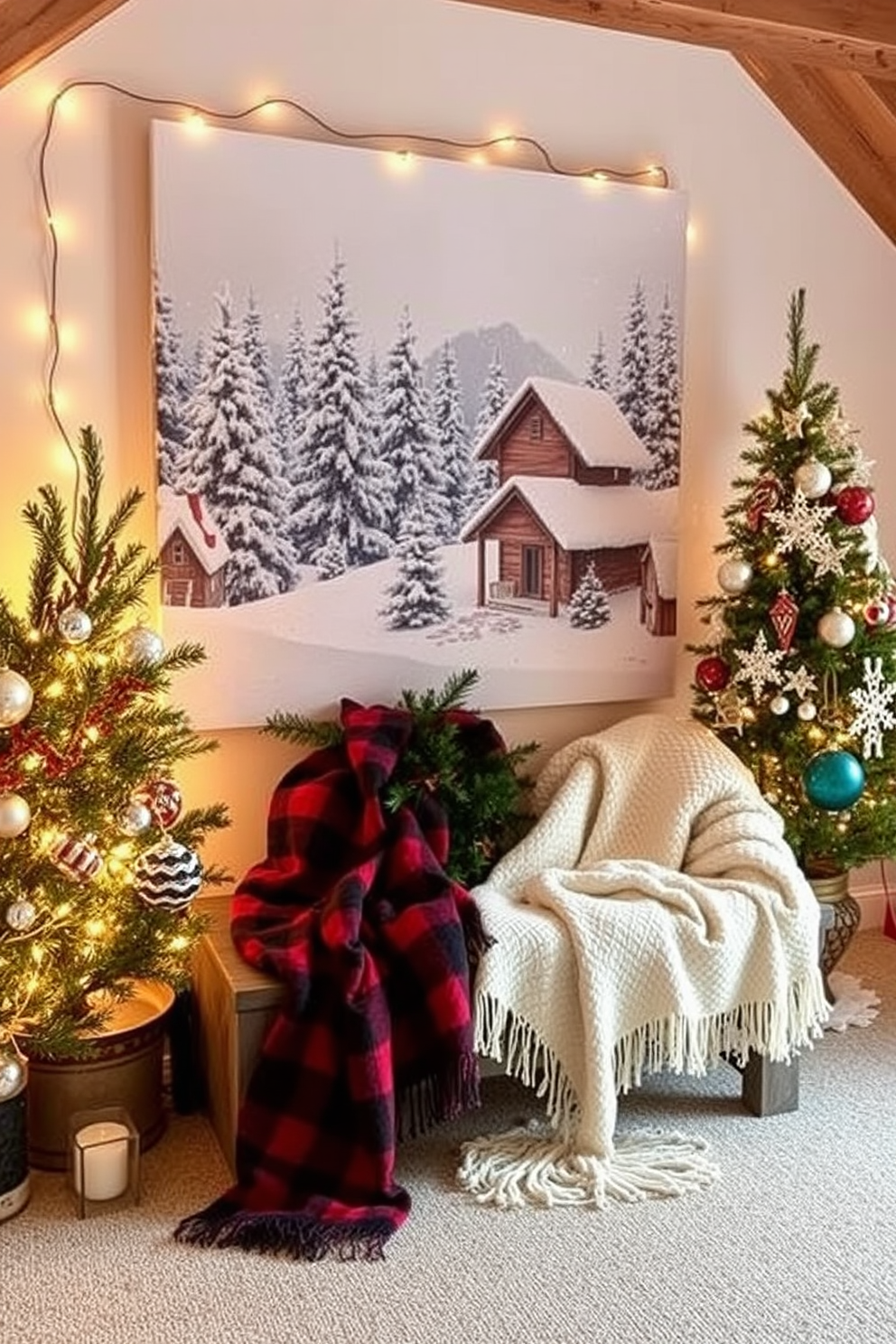 Creative wall art with holiday themes. A large canvas features a winter landscape with snow-covered trees and a cozy cabin, surrounded by twinkling fairy lights. Attic Christmas decorating ideas. The attic is transformed into a festive retreat with a beautifully decorated tree, vintage ornaments, and warm, inviting throws draped over a rustic wooden bench.