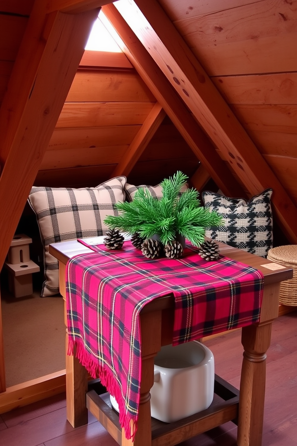 A cozy attic space decorated for Christmas. A plaid table runner drapes elegantly over a rustic side table adorned with pinecones and a small evergreen centerpiece.