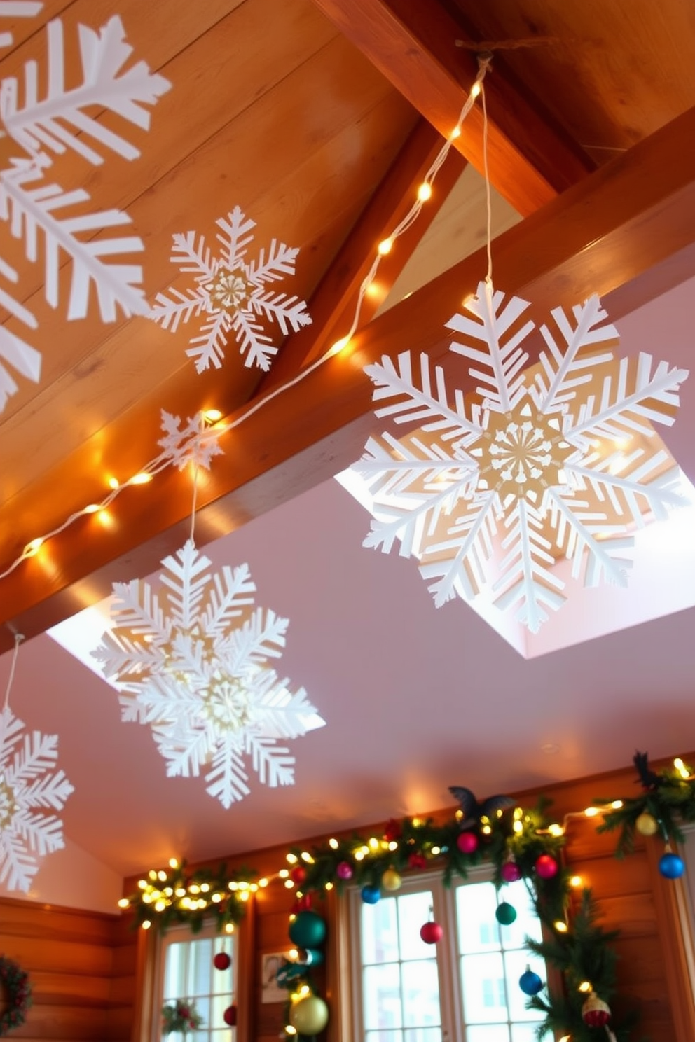 Create a cozy attic space decorated for Christmas. The ceiling is adorned with delicate DIY snowflakes made from white paper, gently swaying with the slightest breeze. Warm string lights are draped along the wooden beams, casting a soft glow throughout the room. Festive garlands are hung around the windows, complemented by colorful ornaments and pinecones.