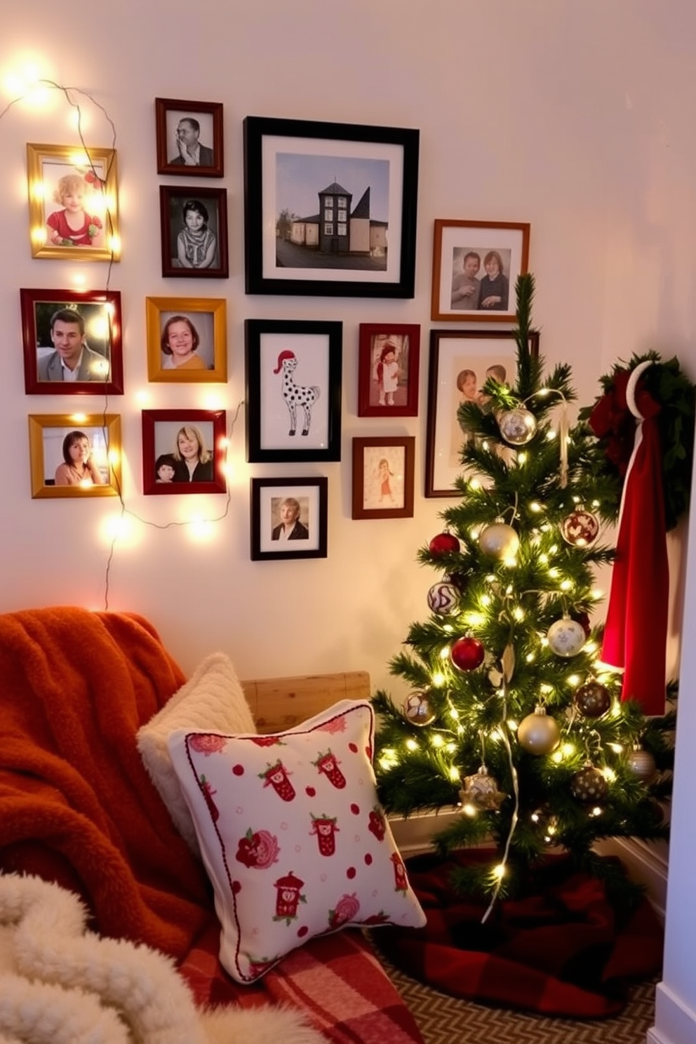 A charming holiday photo gallery wall features a collection of framed family photos and festive artwork arranged in a playful yet organized manner. Twinkling fairy lights are strung around the frames, adding a warm and inviting glow to the space. Attic Christmas decorating ideas include a cozy reading nook adorned with plush blankets and seasonal pillows. A small evergreen tree sits in the corner, decorated with handmade ornaments and surrounded by twinkling lights, creating a festive atmosphere.