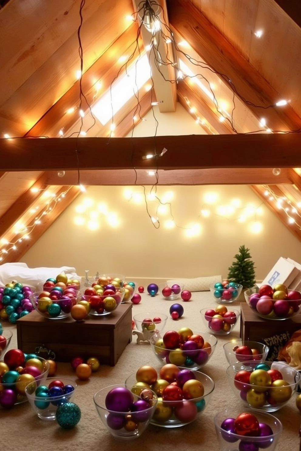 A cozy attic space adorned with colorful ornaments in clear bowls scattered across various surfaces. Twinkling fairy lights hang from the exposed beams, creating a warm and inviting atmosphere for the holiday season.