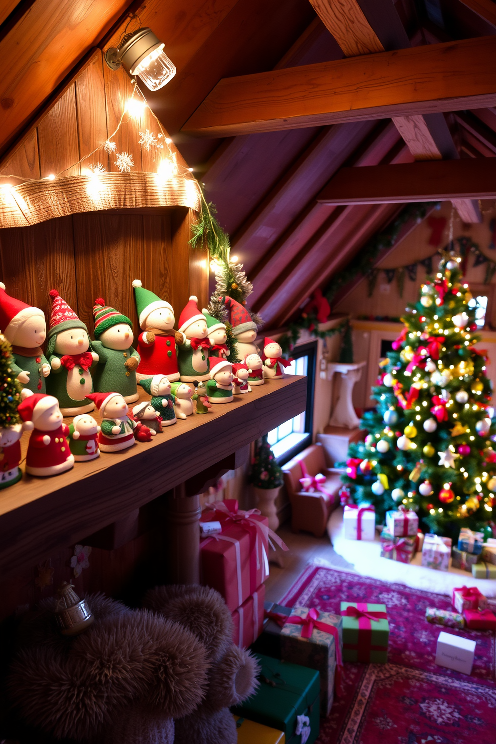 Whimsical holiday figurines are artfully arranged on a rustic wooden shelf, showcasing a variety of cheerful characters in vibrant colors. Soft fairy lights twinkle above, casting a warm glow that enhances the festive atmosphere. The attic is transformed into a cozy Christmas wonderland with plush rugs and colorful decorations adorning the walls. A beautifully decorated tree stands in one corner, surrounded by wrapped gifts and handmade ornaments that add a personal touch.