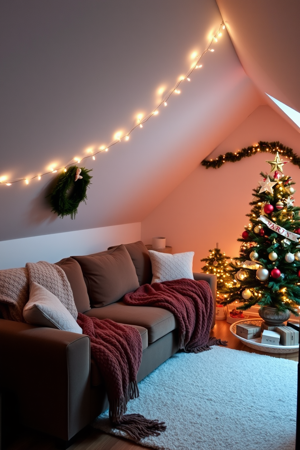 Cozy seating area with blankets. A plush sectional sofa is adorned with soft, textured blankets in warm tones, creating an inviting atmosphere for relaxation. Attic Christmas decorating ideas. The space features twinkling fairy lights draped along the sloped ceiling, complemented by a beautifully decorated tree nestled in the corner, surrounded by festive ornaments and garlands.