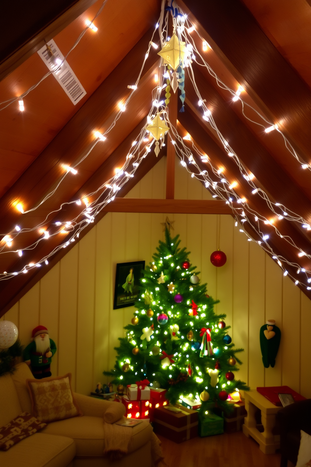 A cozy attic space adorned with twinkling fairy lights strung along the wooden beams creates a warm and inviting atmosphere. The room is filled with festive decorations, including a beautifully decorated Christmas tree in the corner and colorful ornaments hanging from the ceiling.