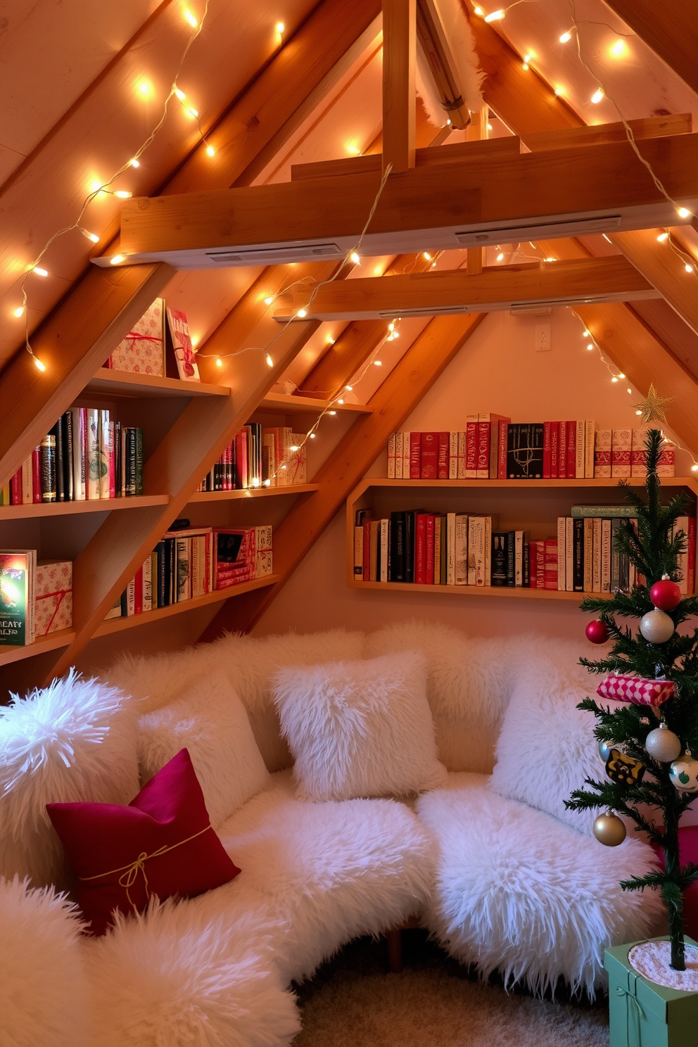 A cozy attic space adorned for Christmas. Shelves filled with beautifully wrapped Christmas-themed books create a festive atmosphere, complemented by twinkling fairy lights strung along the beams. Soft, plush seating is arranged nearby, inviting relaxation amidst the holiday decor. A small tree decorated with handmade ornaments sits in the corner, enhancing the warm, inviting feel of the attic.