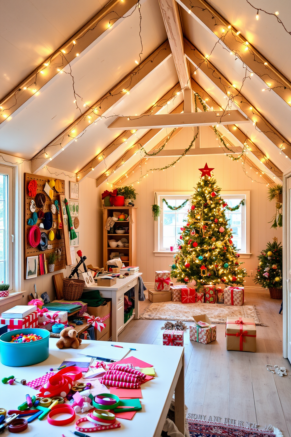 A cozy craft station for holiday projects is set up in a bright room filled with natural light. The table is covered with colorful supplies including ribbons, papers, and ornaments, while a pegboard on the wall displays tools and finished crafts. An enchanting attic decorated for Christmas features twinkling fairy lights draped across the beams. A beautifully adorned tree stands in the corner, surrounded by wrapped gifts and festive decorations that evoke a warm holiday spirit.