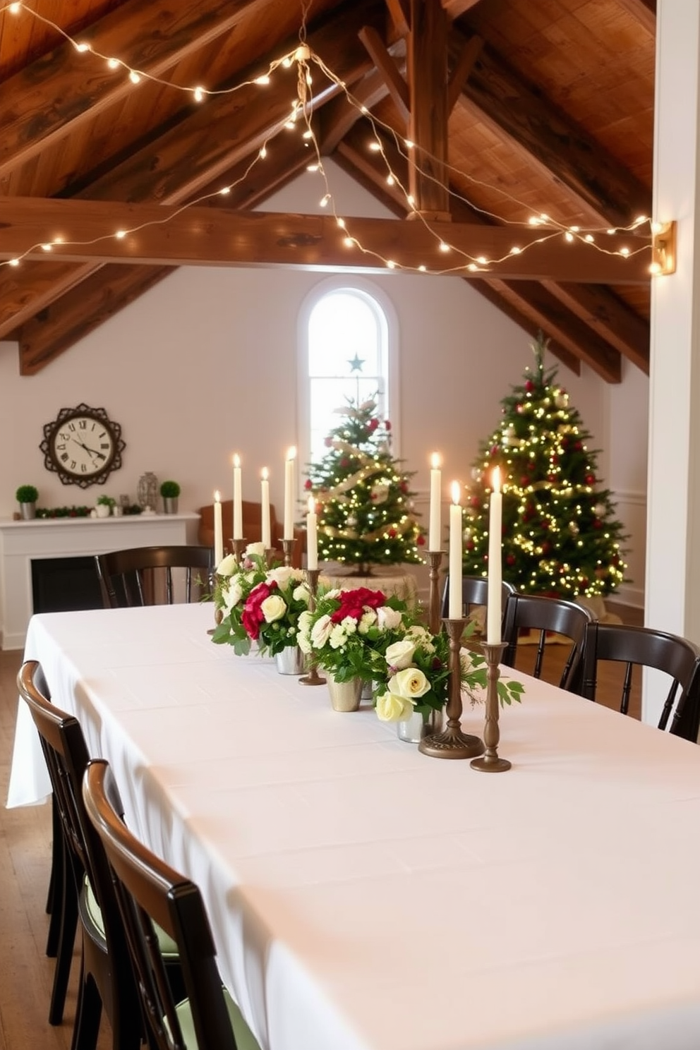 A rustic dining table adorned with a burlap and lace table runner stretches across the center. The table is set with elegant dinnerware and twinkling fairy lights, creating a warm and inviting atmosphere. In the cozy attic, Christmas decorations bring a festive charm to the space. Vintage ornaments hang from the exposed beams, while a beautifully decorated tree stands in one corner, surrounded by wrapped gifts.