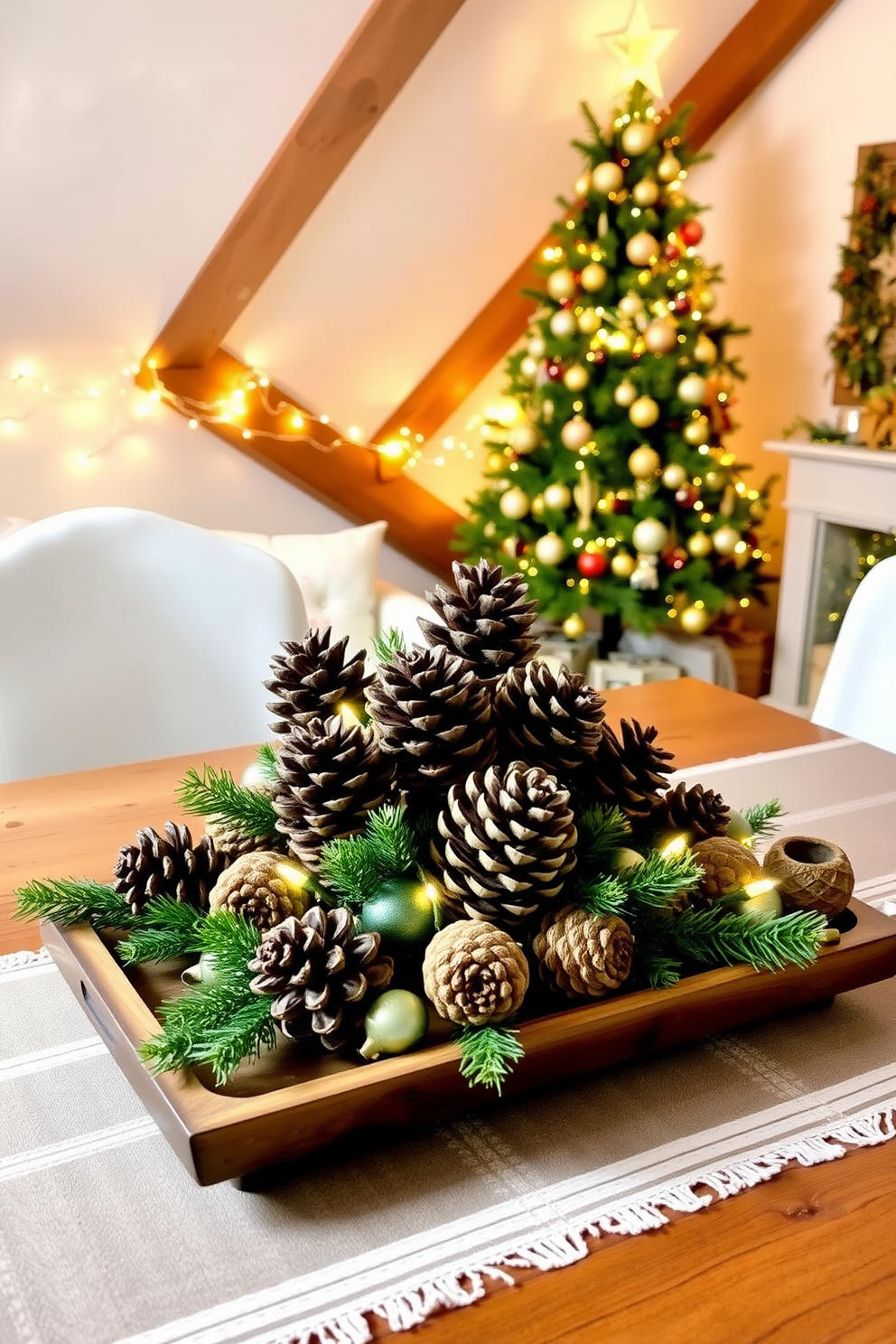 A seasonal table centerpiece featuring an array of pinecones in varying sizes arranged artfully on a rustic wooden tray. Surrounding the pinecones are sprigs of evergreen and small white fairy lights, creating a warm and inviting ambiance. For attic Christmas decorating ideas, transform the space with twinkling string lights draped along the exposed beams and soft, cozy blankets scattered across the seating area. Add a beautifully decorated tree in the corner with vintage ornaments and a mix of gold and silver accents to enhance the festive atmosphere.