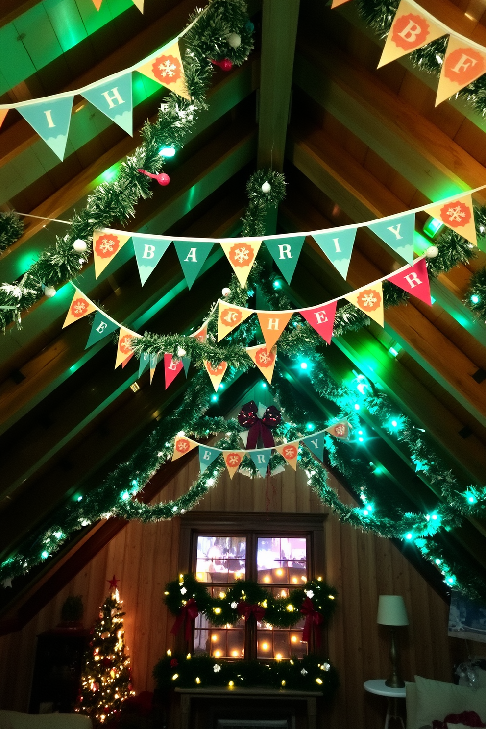 A cozy attic space transformed for Christmas with festive banners and bunting decorations. Colorful garlands drape across the wooden beams, creating a cheerful atmosphere filled with twinkling fairy lights.