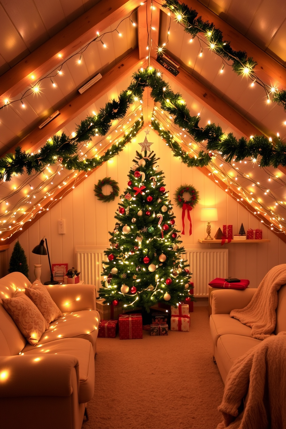 A cozy attic space transformed for Christmas. The furniture is elegantly wrapped with twinkling Christmas lights, creating a warm and festive atmosphere. Colorful ornaments and garlands adorn the beams and walls. A beautifully decorated tree stands in the corner, surrounded by presents and soft blankets.