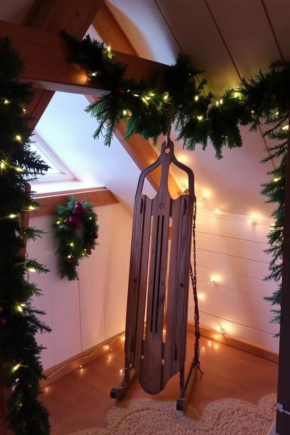 A charming attic decorated for Christmas features a vintage sled as a decorative piece. The sled is propped against a wooden beam, surrounded by twinkling fairy lights and evergreen garlands.