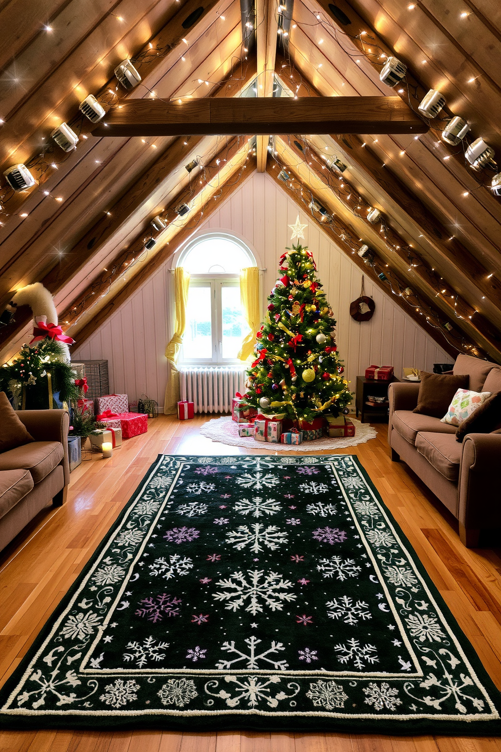 A cozy holiday-themed area rug is placed in the center of a warm living room. The rug features intricate patterns of snowflakes and festive colors that complement the surrounding decor. The attic is transformed into a magical Christmas space with twinkling fairy lights strung across the beams. A beautifully decorated tree stands in the corner, surrounded by wrapped gifts and festive ornaments.