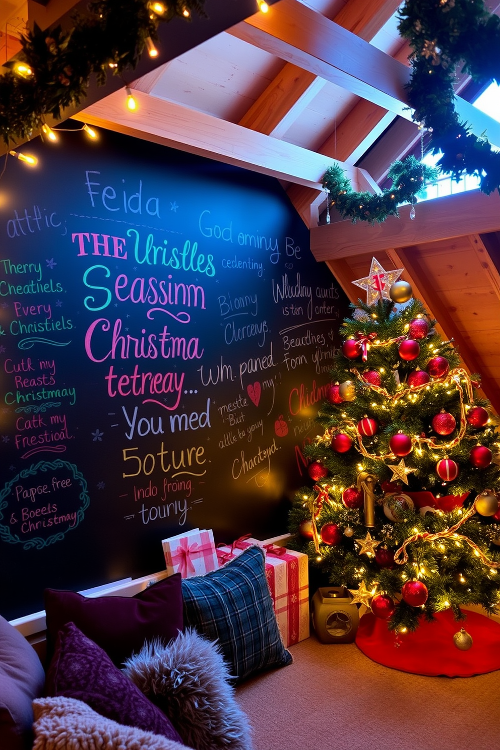 A chalkboard wall is adorned with colorful festive messages and drawings that capture the spirit of the season. String lights are draped around the edges, creating a warm and inviting atmosphere. The attic is transformed into a cozy Christmas retreat with a beautifully decorated tree in the corner. Festive garlands and ornaments hang from the exposed beams, while plush seating invites relaxation amid the holiday cheer.