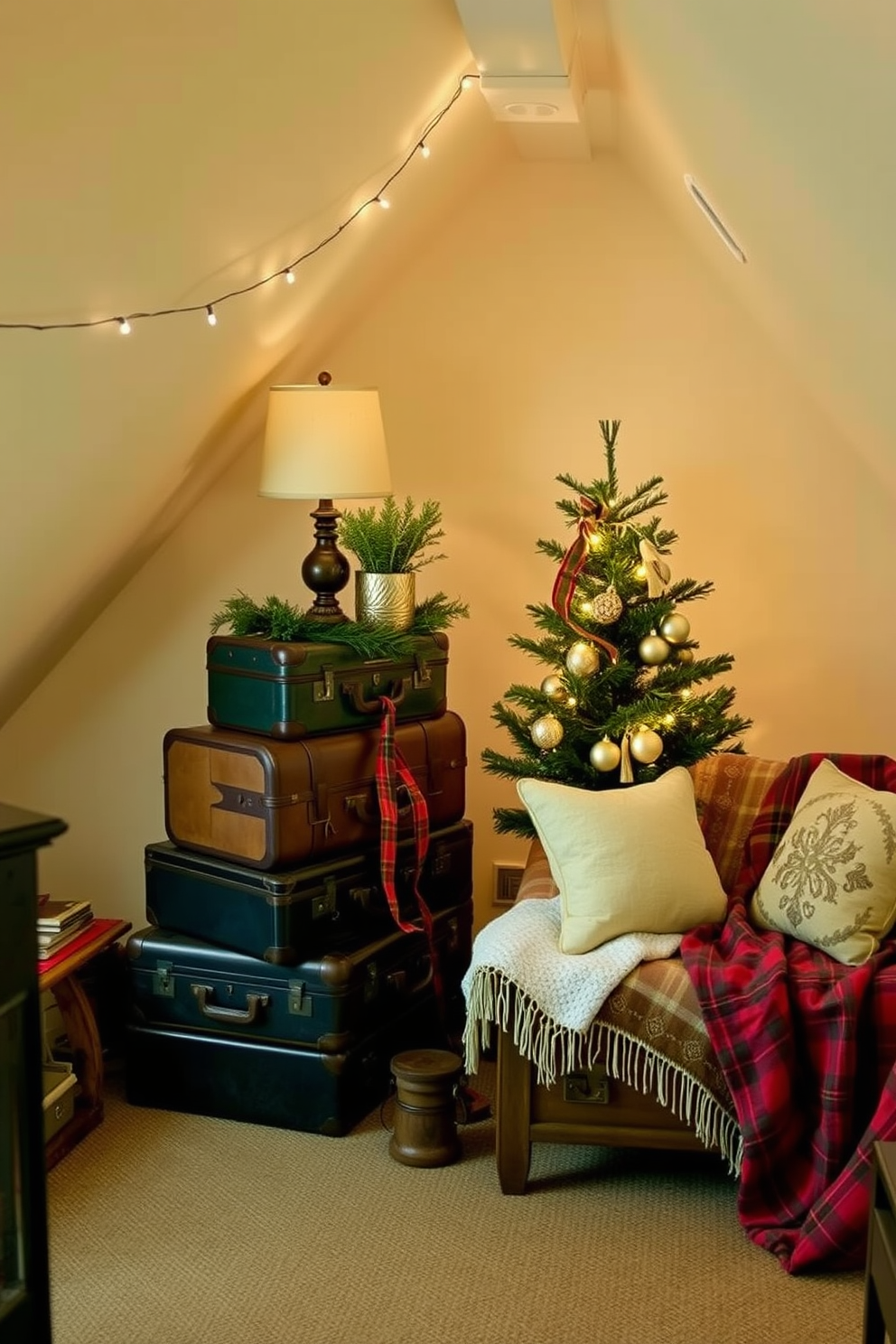 Create a cozy attic space decorated for Christmas. The walls are adorned with twinkling fairy lights and a festive garland, while colorful stockings with personalized names hang from a rustic wooden beam. Add a vintage wooden ladder leaning against the wall, decorated with ornaments and pinecones. A plush, oversized armchair is placed in the corner, draped with a warm, knitted blanket, creating an inviting reading nook.