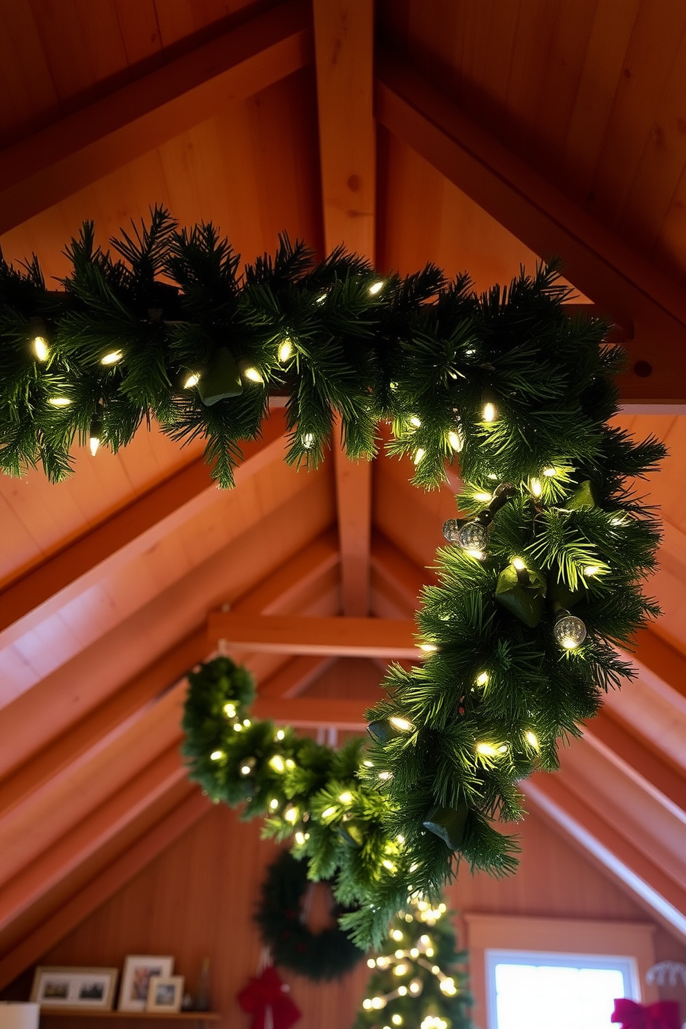 A cozy attic space adorned with a festive garland draped elegantly over the wooden rafters. Soft twinkling lights are woven through the garland, creating a warm and inviting atmosphere perfect for holiday gatherings.