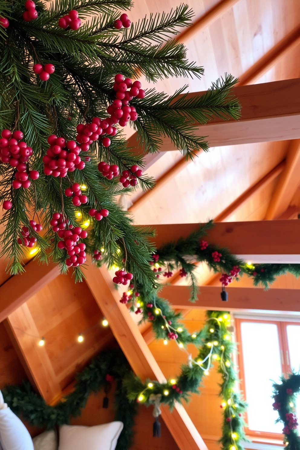 A cozy attic space adorned with pine branches and clusters of vibrant red berries. The wooden beams are draped with garlands of greenery, and twinkling fairy lights create a warm, inviting glow.