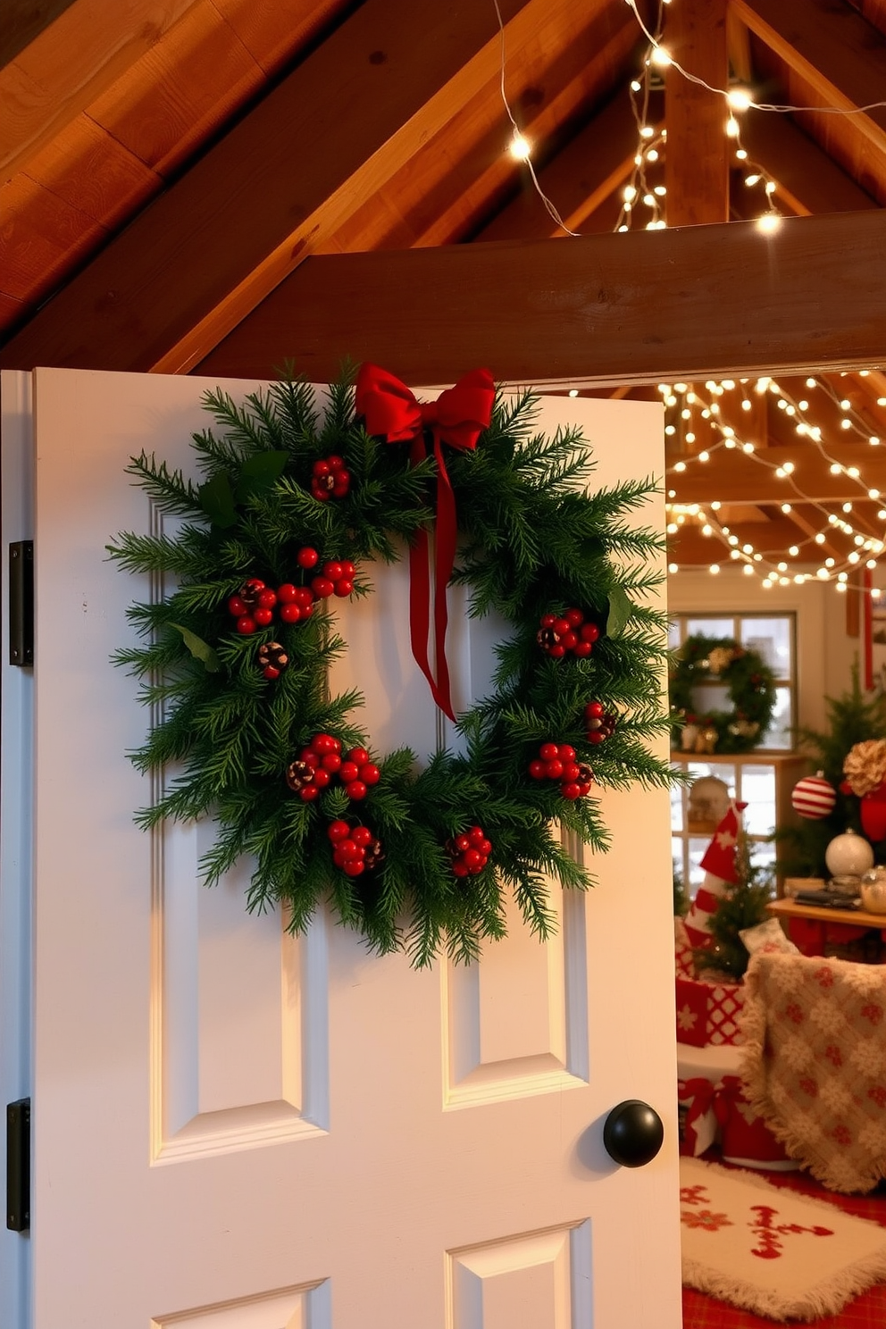 Charming mini Christmas tree in the corner adorned with twinkling fairy lights and colorful ornaments. The surrounding attic space is decorated with cozy blankets, vintage holiday decorations, and a warm glow from a nearby string of lights.