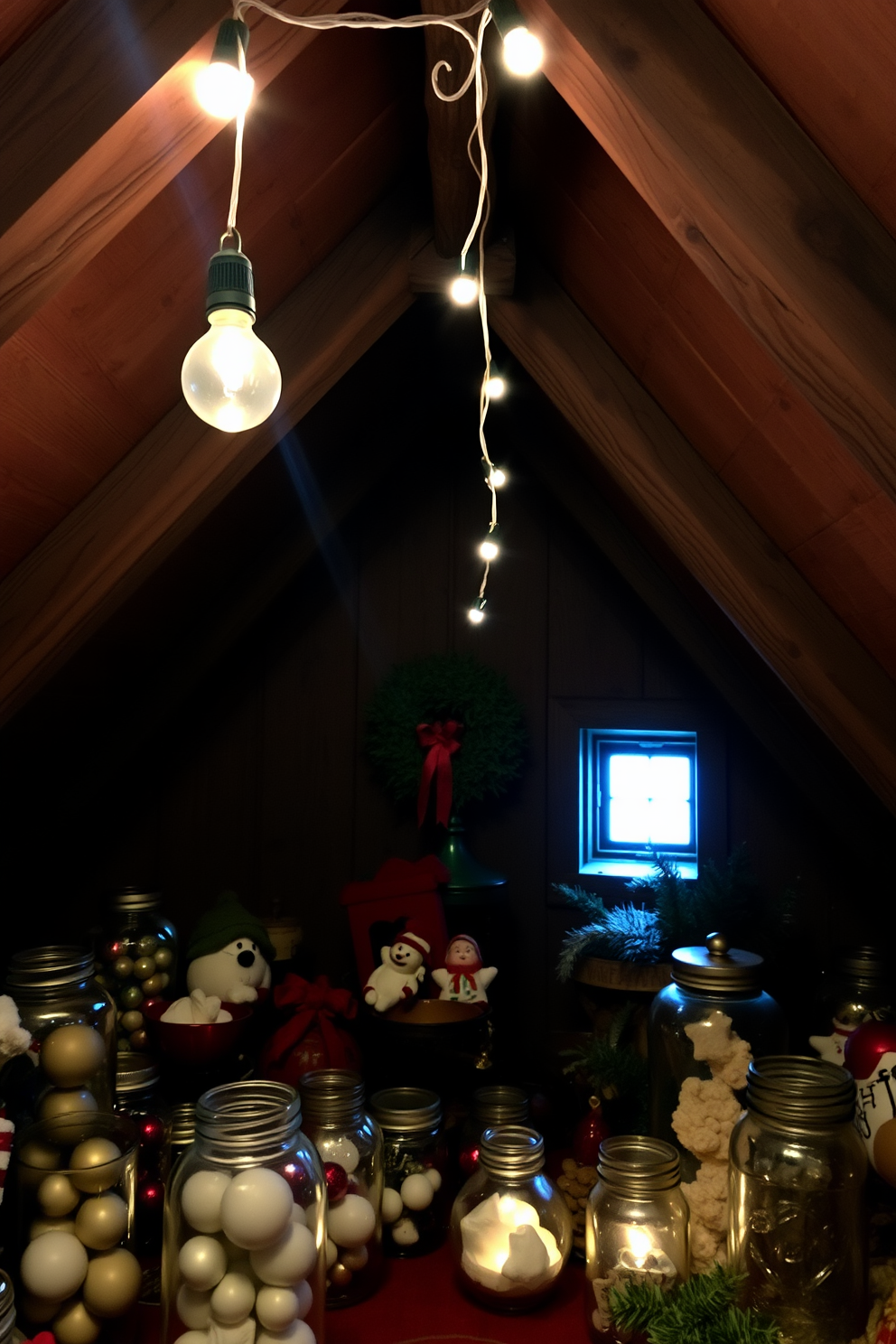 A cozy attic space adorned with vintage ornaments displayed in glass jars. Soft string lights twinkle above, casting a warm glow on the rustic wooden beams and seasonal decorations.