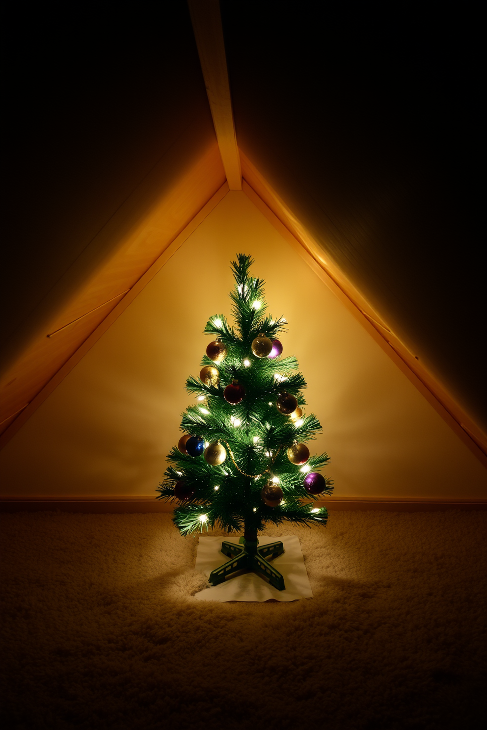 A cozy attic space adorned with a mini Christmas tree nestled in the corner. The tree is decorated with twinkling lights and colorful ornaments, creating a warm and festive atmosphere.