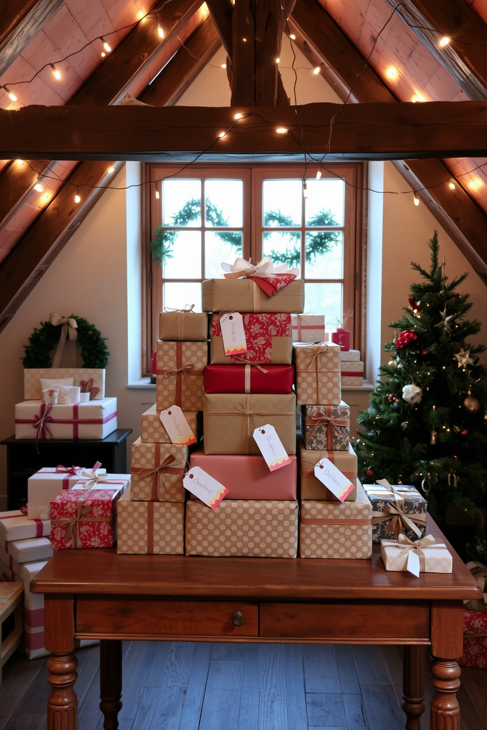 A cozy attic adorned for Christmas with velvet stockings elegantly hung by a rustic fireplace. Twinkling fairy lights drape across the wooden beams, creating a warm and inviting atmosphere filled with festive cheer.