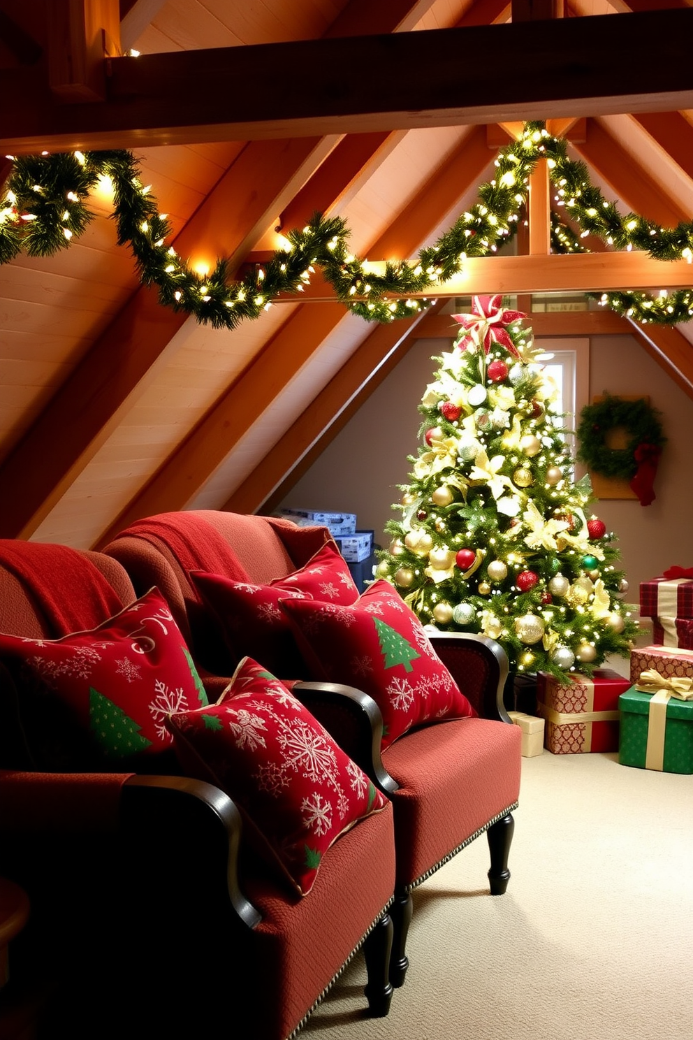 Cozy chairs adorned with holiday-themed throw pillows in vibrant reds and greens create a festive atmosphere. The pillows feature intricate patterns of snowflakes and Christmas trees, adding a touch of seasonal charm. The attic is transformed into a winter wonderland with twinkling string lights and garlands draped across the beams. A beautifully decorated Christmas tree stands in the corner, surrounded by wrapped presents and cozy blankets.