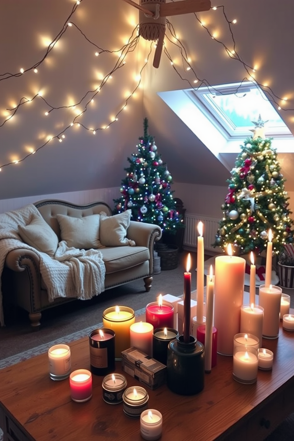 A cozy attic space adorned with twinkling fairy lights creates a magical atmosphere for Christmas. Plush blankets and decorative pillows are scattered across a vintage sofa, while a beautifully decorated tree stands in one corner, surrounded by wrapped gifts. A collection of scented candles in various sizes and colors is arranged on a wooden coffee table, casting a warm glow throughout the room. The soft flicker of the candlelight enhances the festive decor, creating an inviting ambiance perfect for holiday gatherings.