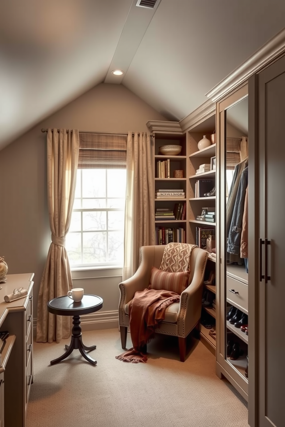 Cozy reading nook with closet space. A plush armchair is positioned beside a floor-to-ceiling window, allowing natural light to flood the area. Built-in shelves line the walls, filled with books and decorative items. Soft, warm colors adorn the space, creating an inviting atmosphere for relaxation. Attic closet design ideas. The closet features sloped ceilings with custom shelving that maximizes storage efficiency. A combination of open and closed storage solutions provides organization while maintaining a stylish aesthetic.