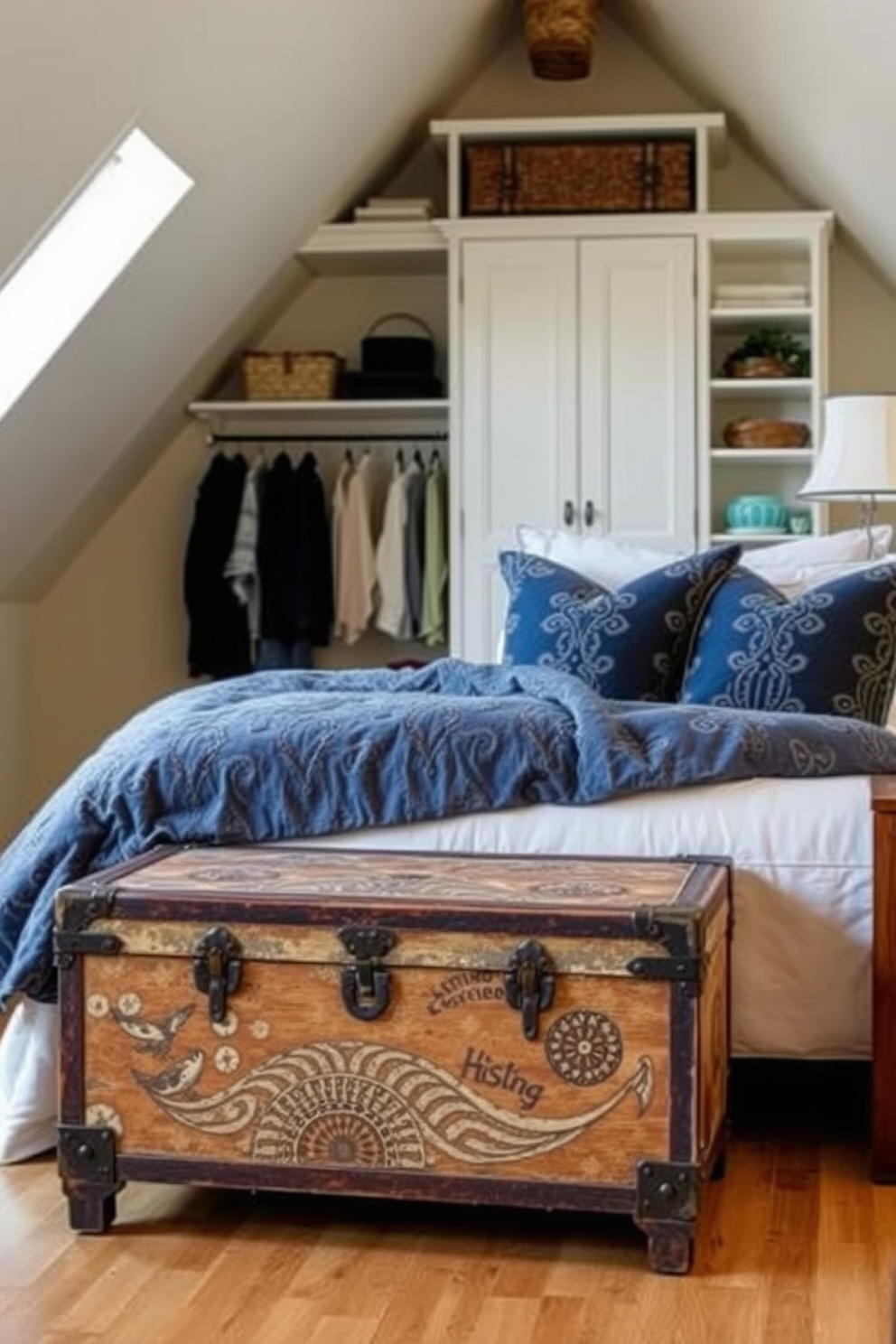 A cozy attic closet designed for optimal organization. The space features wall-mounted hooks for accessories and bags, providing easy access and a stylish display. The walls are lined with shelves and cubbies to maximize storage efficiency. Soft lighting illuminates the area, creating a warm and inviting atmosphere.