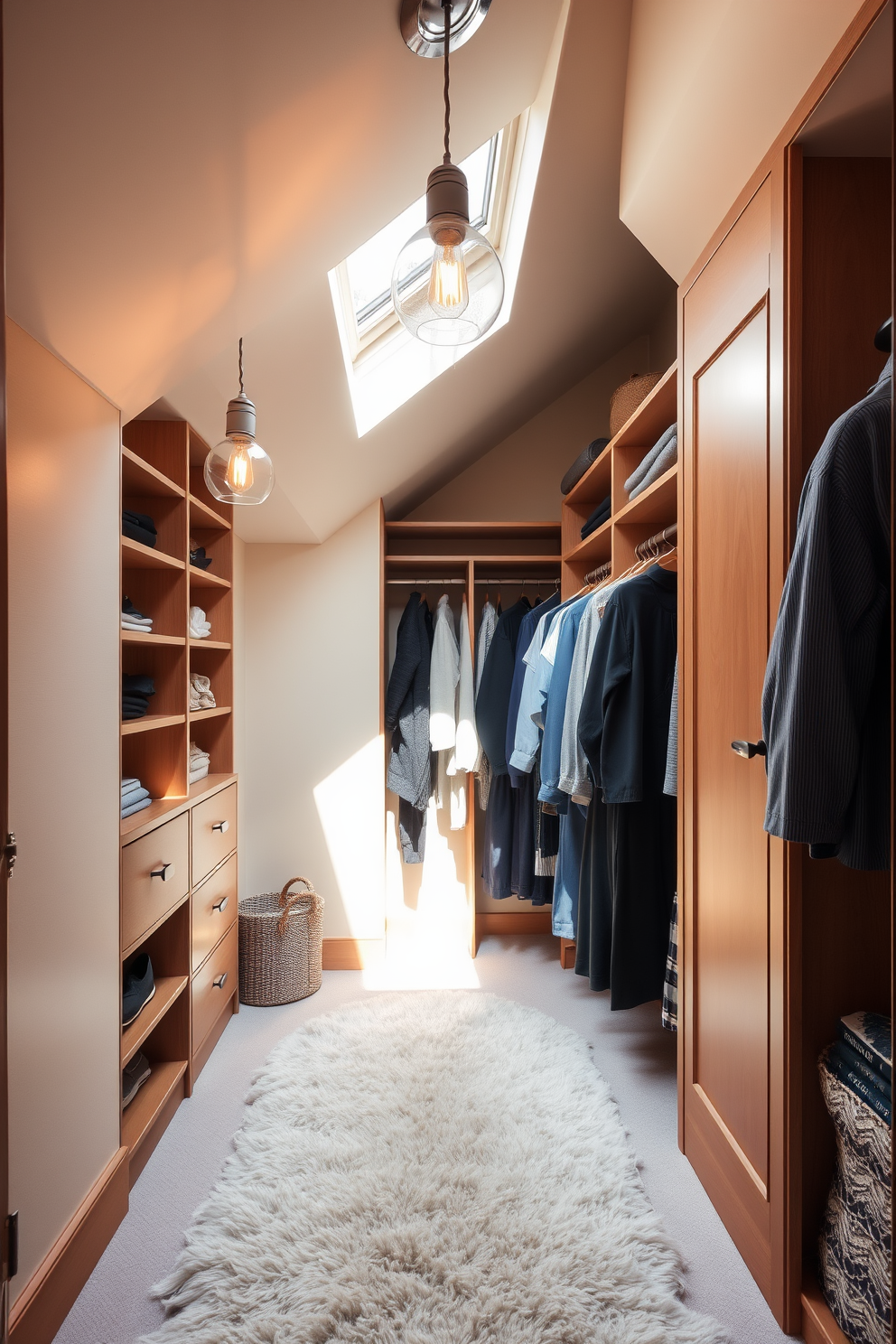 A cozy attic closet featuring soft lighting that creates a warm and inviting ambiance. The space is adorned with built-in shelving and a plush ottoman for comfort, while the walls are painted in a soft beige tone. The closet is designed with ample hanging space and a full-length mirror, enhancing the functionality and aesthetic appeal. Decorative baskets are neatly arranged on the shelves, adding a touch of organization and style.