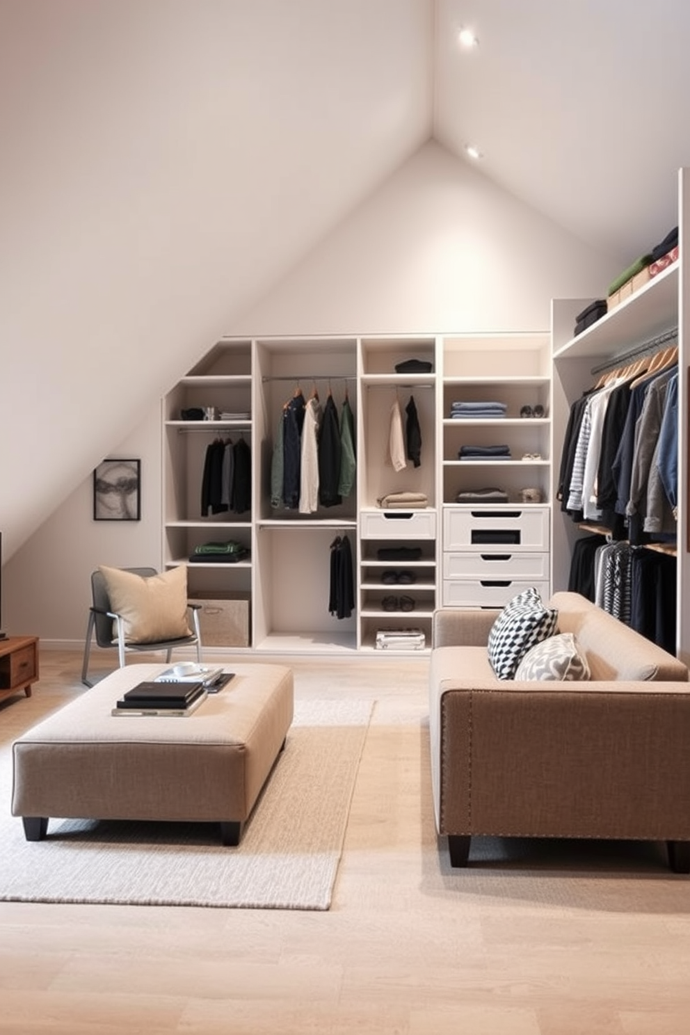 A stylish dressing area featuring a full-length mirror that reflects natural light. The space is adorned with soft neutral tones and elegant fixtures, creating a serene atmosphere. The attic closet design incorporates built-in shelving and hanging space, maximizing storage while maintaining a cozy aesthetic. Warm wooden beams add character, and plush carpeting enhances comfort underfoot.