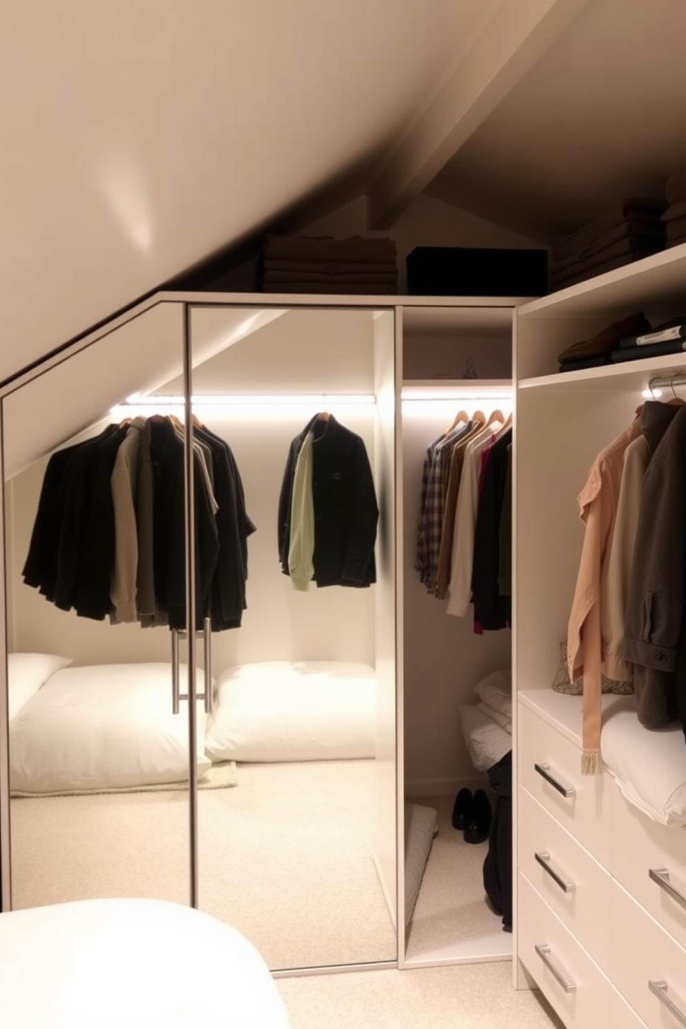 A stylish attic closet featuring modular storage solutions that allow for flexible arrangements. The design incorporates adjustable shelving and hanging rods to maximize space and organization. Natural light pours in through a skylight, illuminating the soft color palette of the walls and cabinetry. The use of warm wood tones and soft textiles creates a cozy yet functional atmosphere.