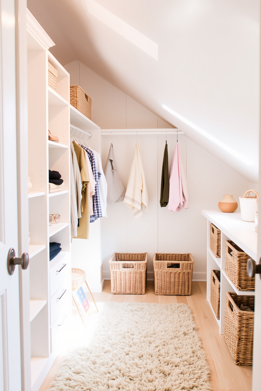 A cozy attic closet designed for optimal clothing storage features hanging rods strategically placed for easy access to garments. Soft ambient lighting illuminates the space, while built-in shelves provide additional storage for shoes and accessories.