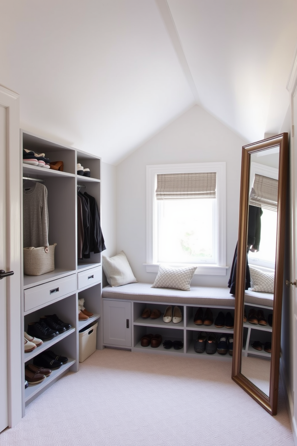 A cozy attic closet features multi-functional furniture that maximizes storage while maintaining a stylish appearance. A built-in bench with storage compartments underneath is placed against the sloped ceiling, complemented by wall-mounted shelves for easy access to shoes and accessories. The walls are painted in a soft white to enhance the natural light filtering through a small window. A full-length mirror is positioned on one side, creating an illusion of space and adding a touch of elegance to the design.